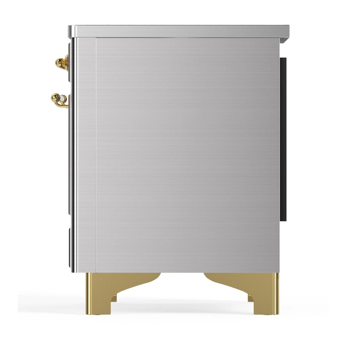 Stainless steel induction range side view with brass-trim feet and gold side handle hardware