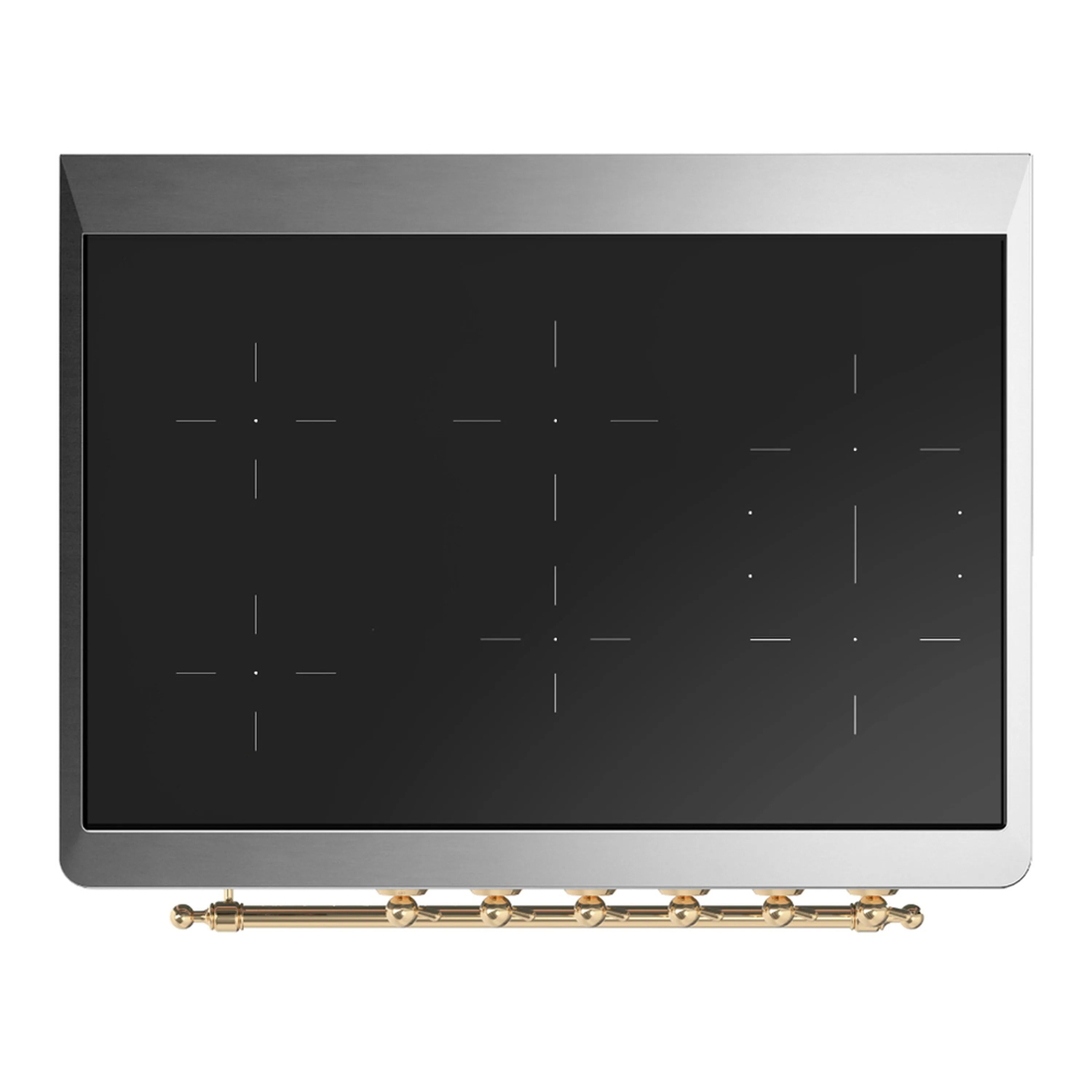 Stainless steel induction cooktop with black glass surface and brass control rail