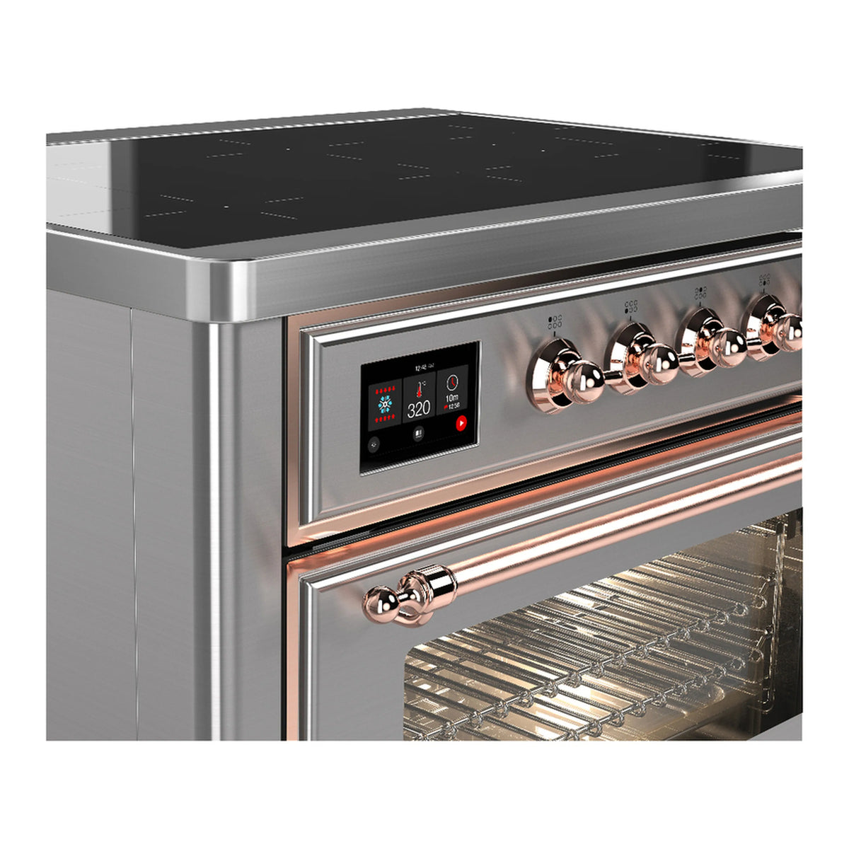 Induction range control display and copper knob row with oven interior partially shown