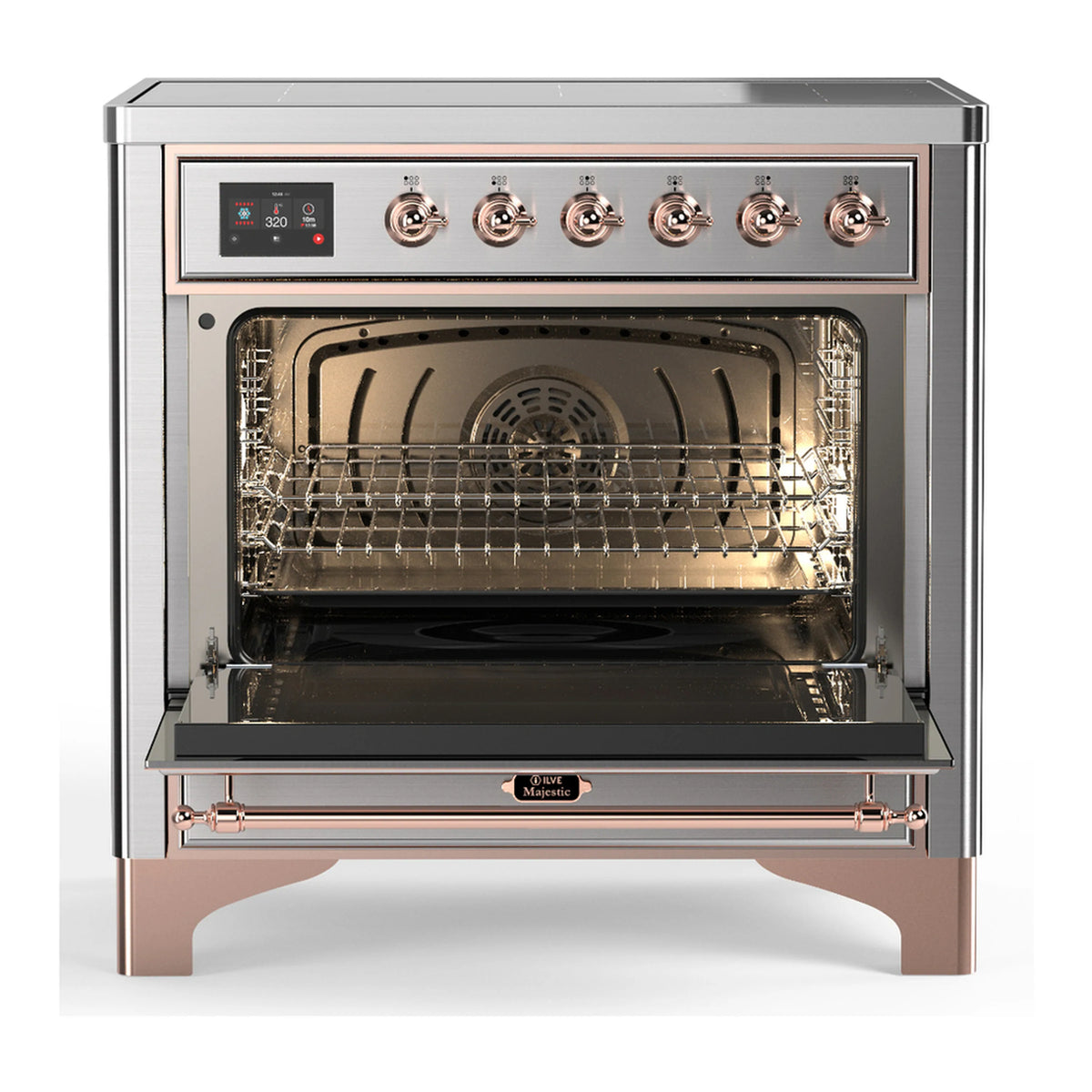 Stainless steel oven with wire rack, open door, and copper-trimmed control panel