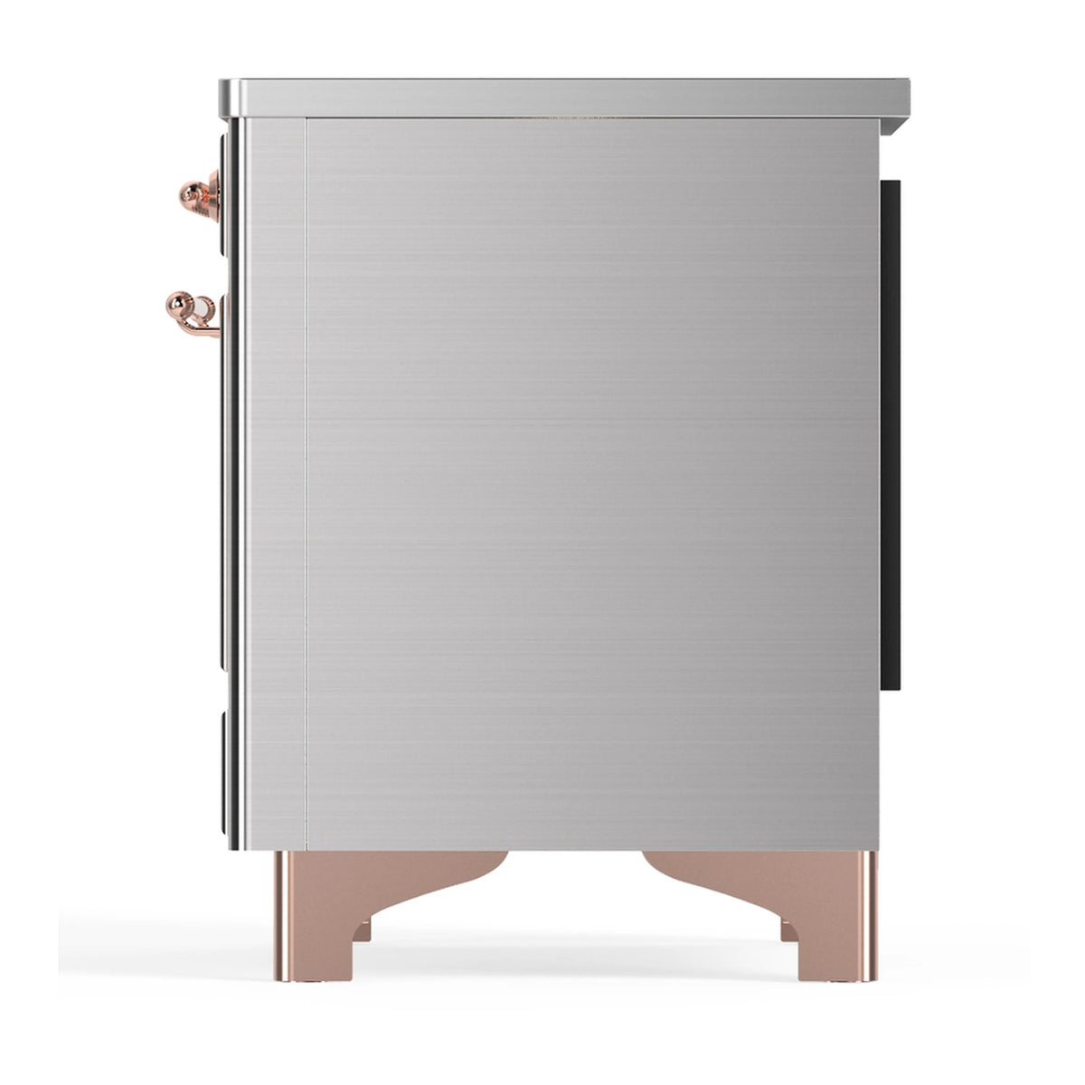 Stainless steel range back/side panel with copper base feet and visible knob hardware
