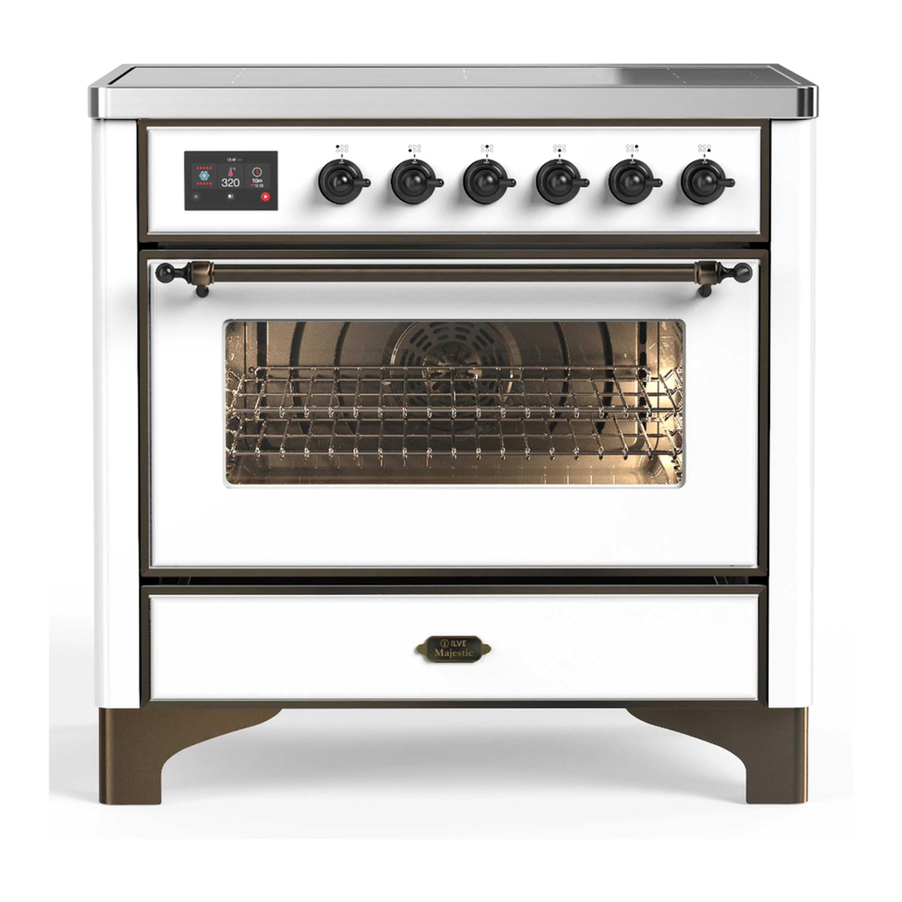 White induction range with 6 black knobs, glass oven door, and burnished trim
