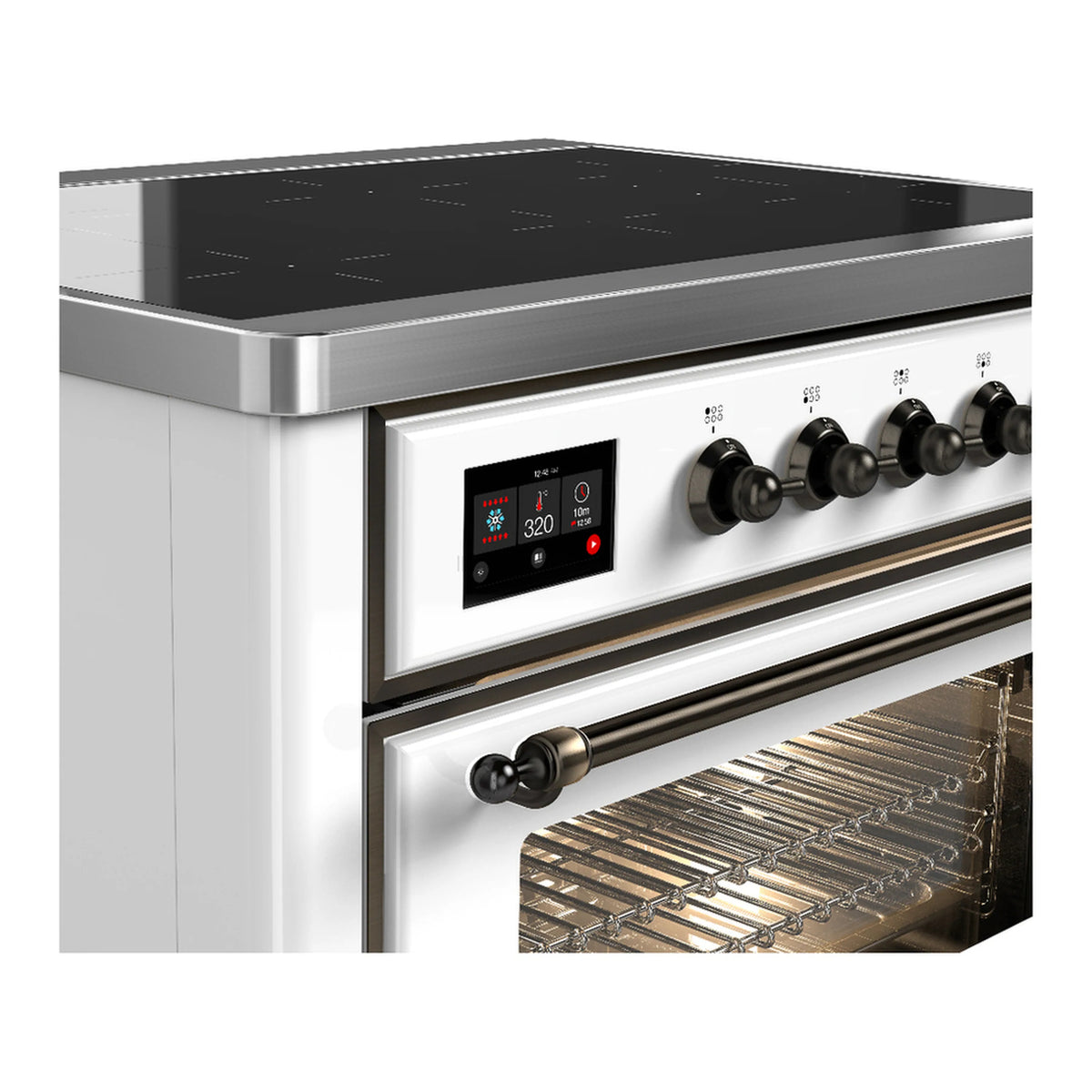 Side view of white induction range with control panel, open oven, and burnished trim