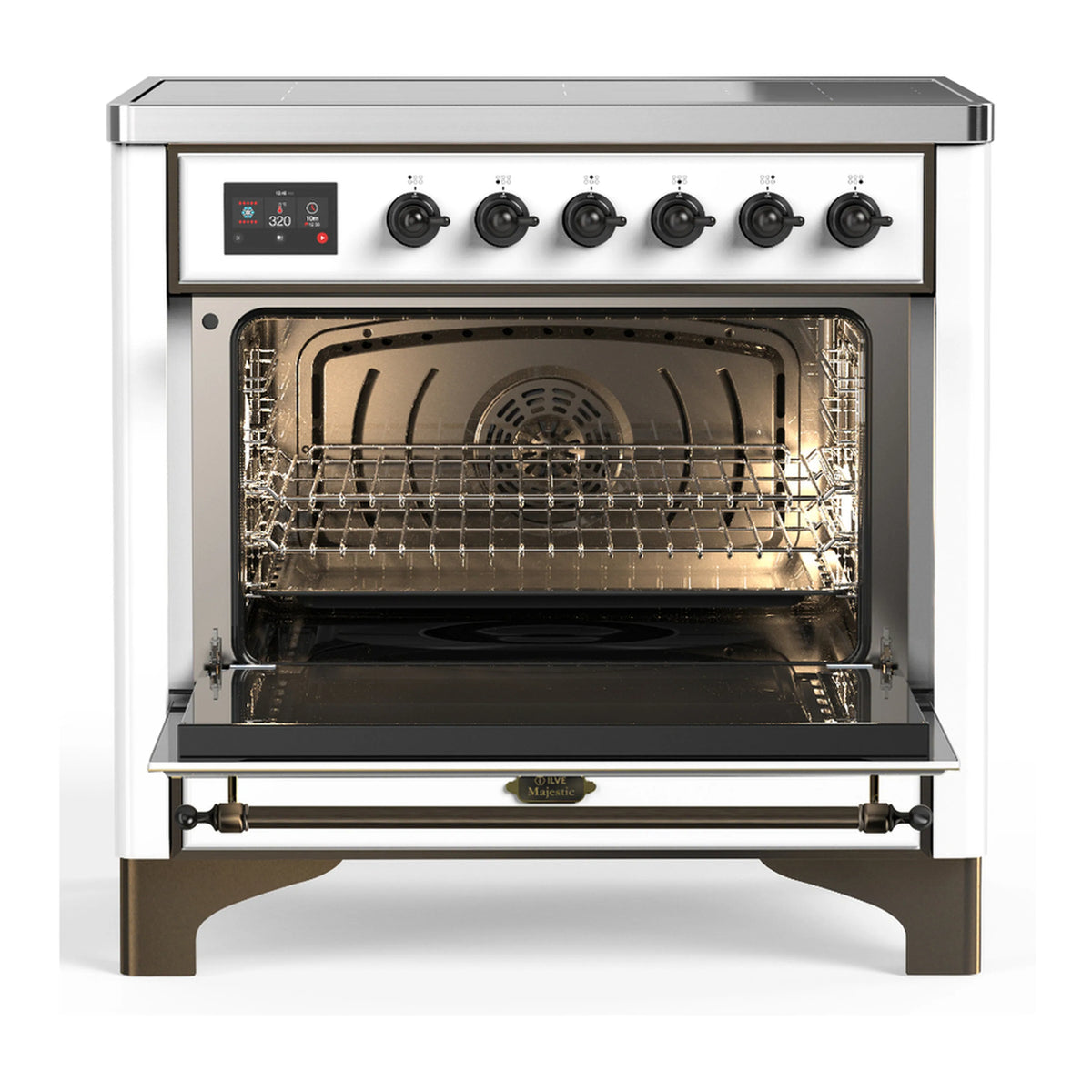 White induction range with open oven and racks, 6 induction controls on black glass top
