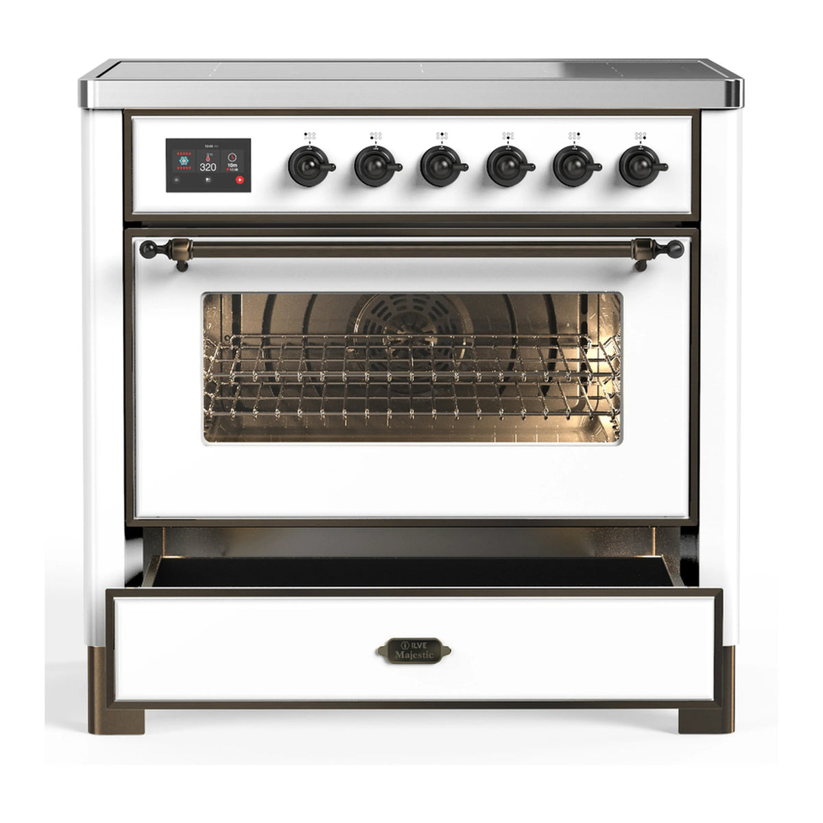 White induction range with oven door closed, glass window, and burnished handle trim