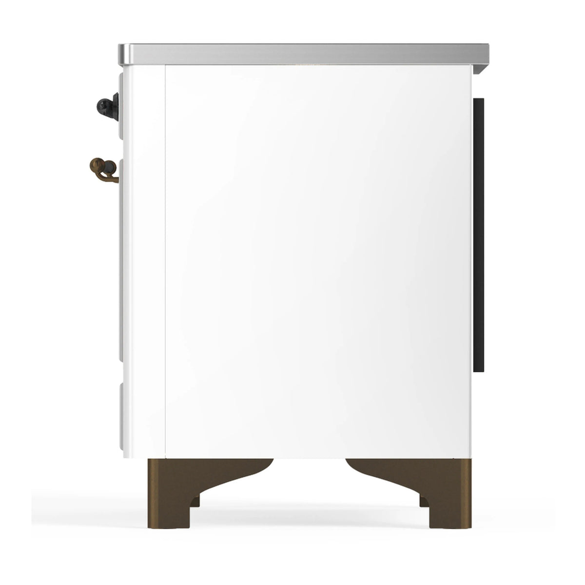 White induction range side panel with burnished base feet and side handle details