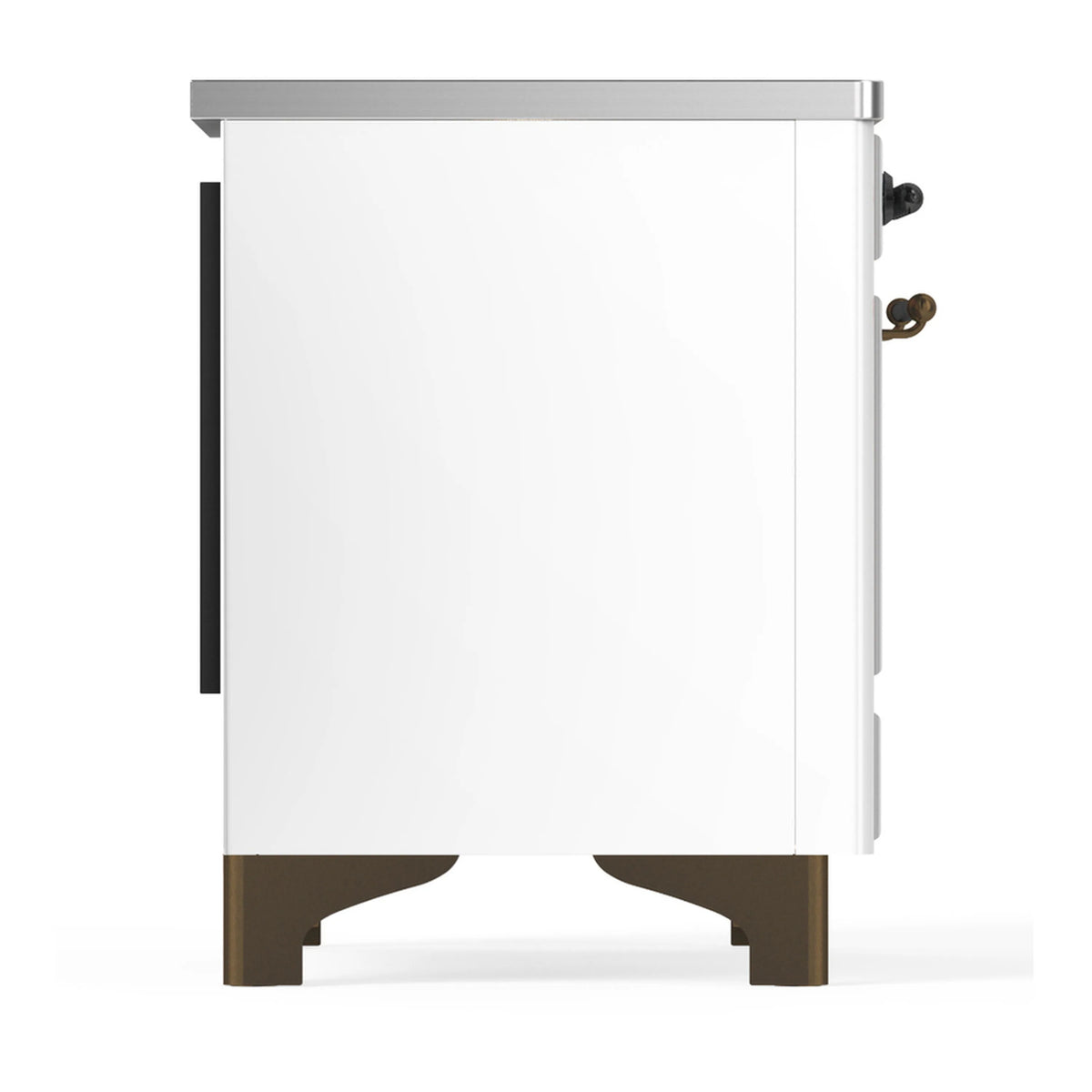 White induction range rear/side panel with side handles and burnished base feet