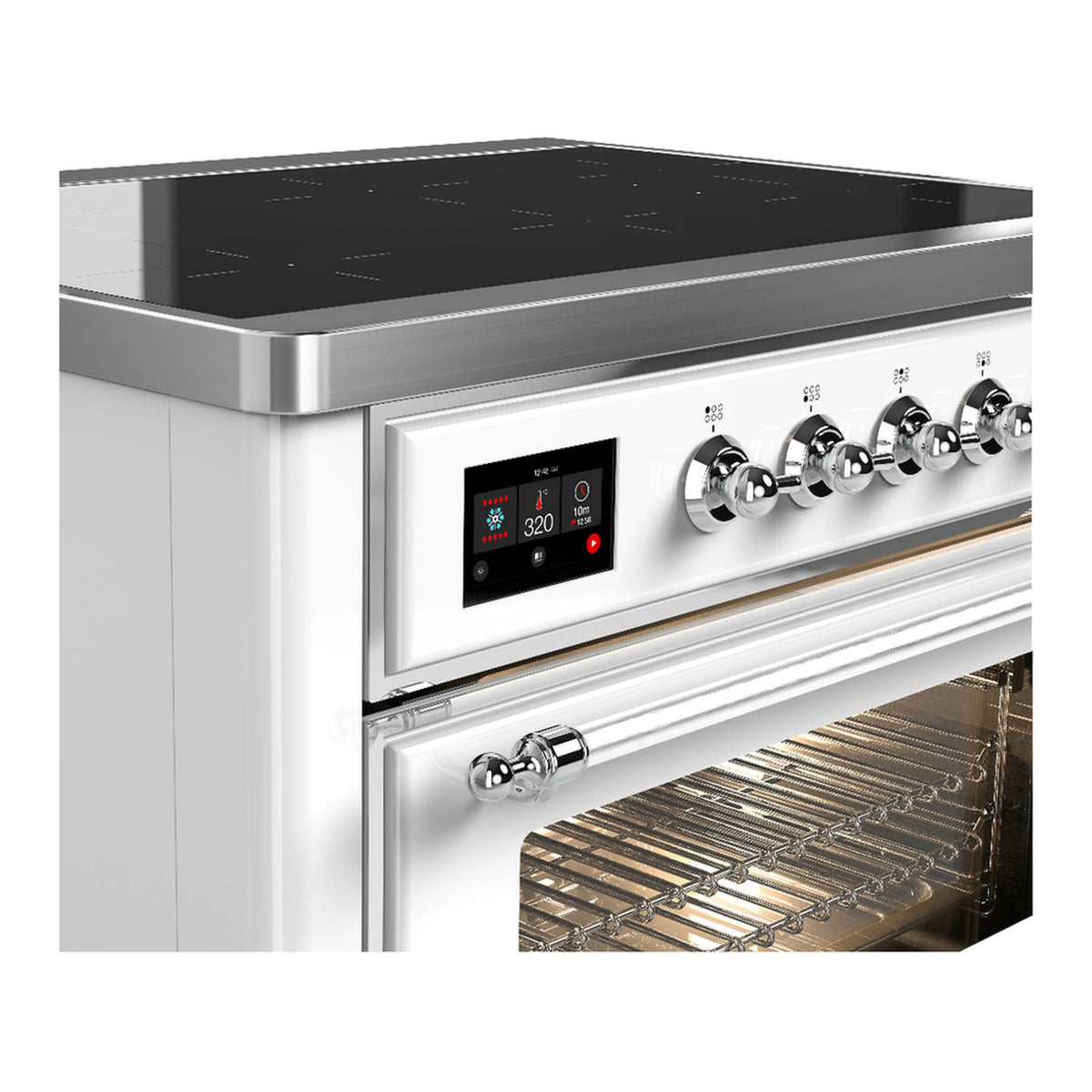 White induction range control panel with display, chrome knobs, and oven rack