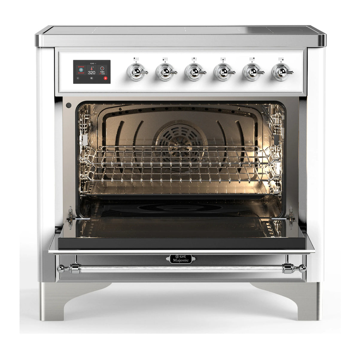 White induction range with open oven and wire baking rack inside