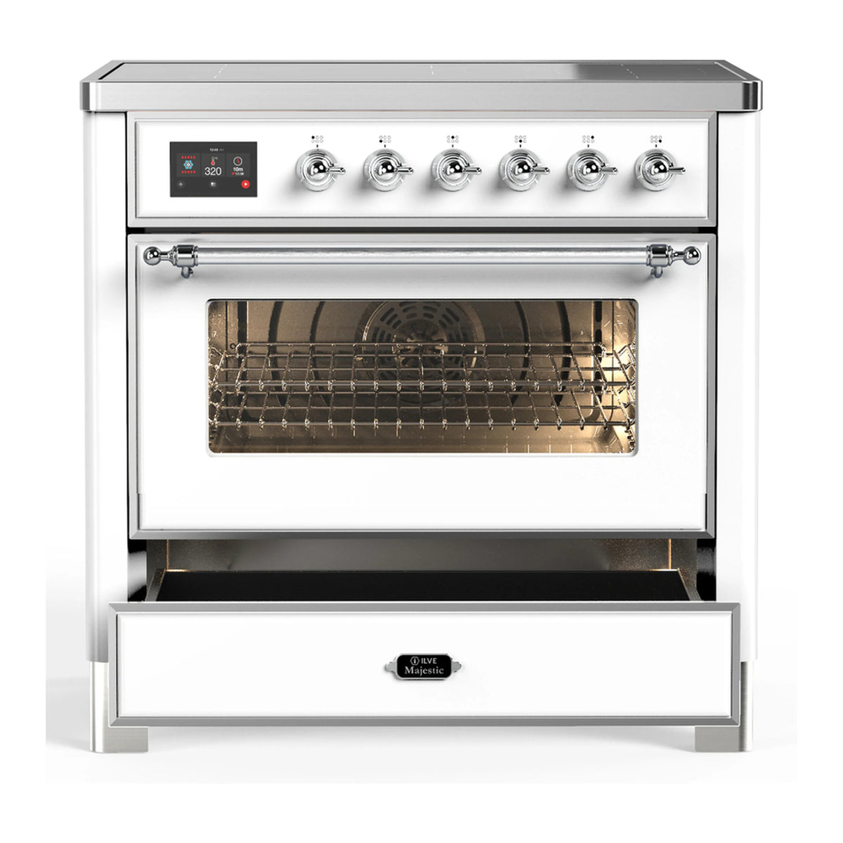 White induction range with oven door closed, chrome trim, and control knobs