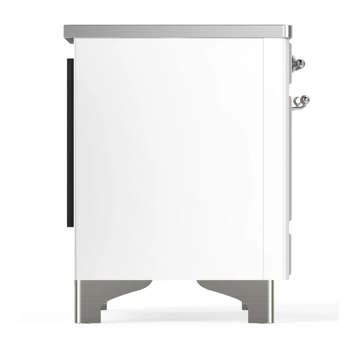 White induction range side view with control panel edge and chrome handle details