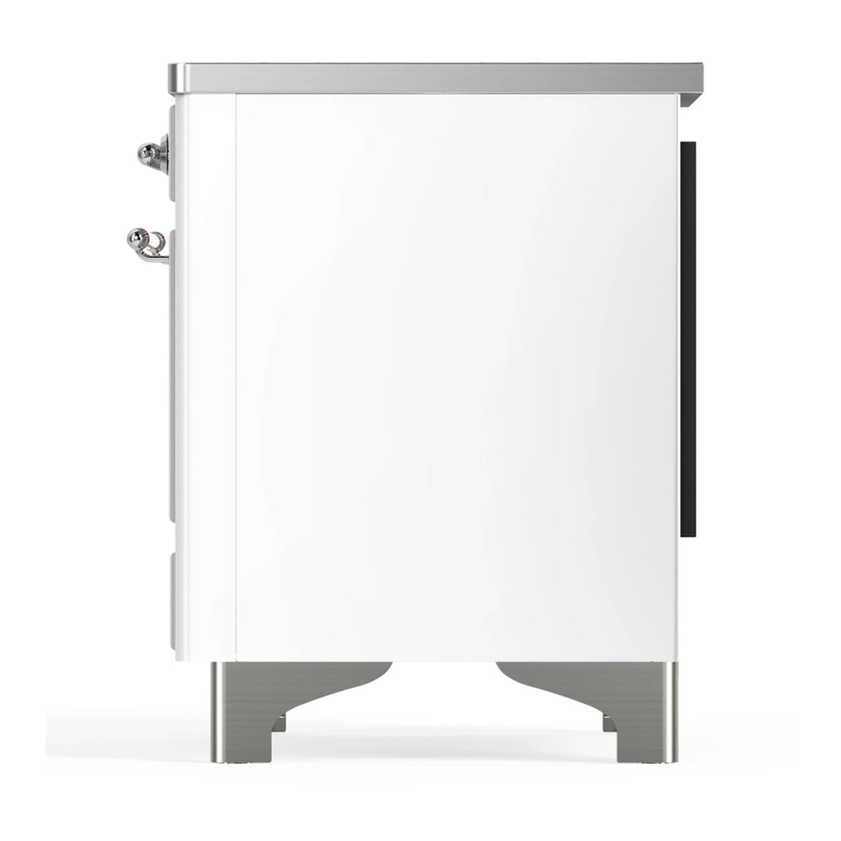 White induction range rear-side view with chrome trim and handle hardware