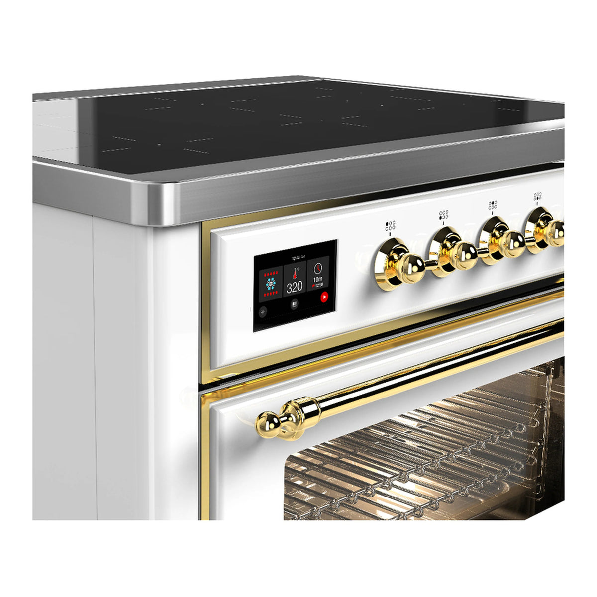 White range side view with brass trim, control panel, and open oven rack