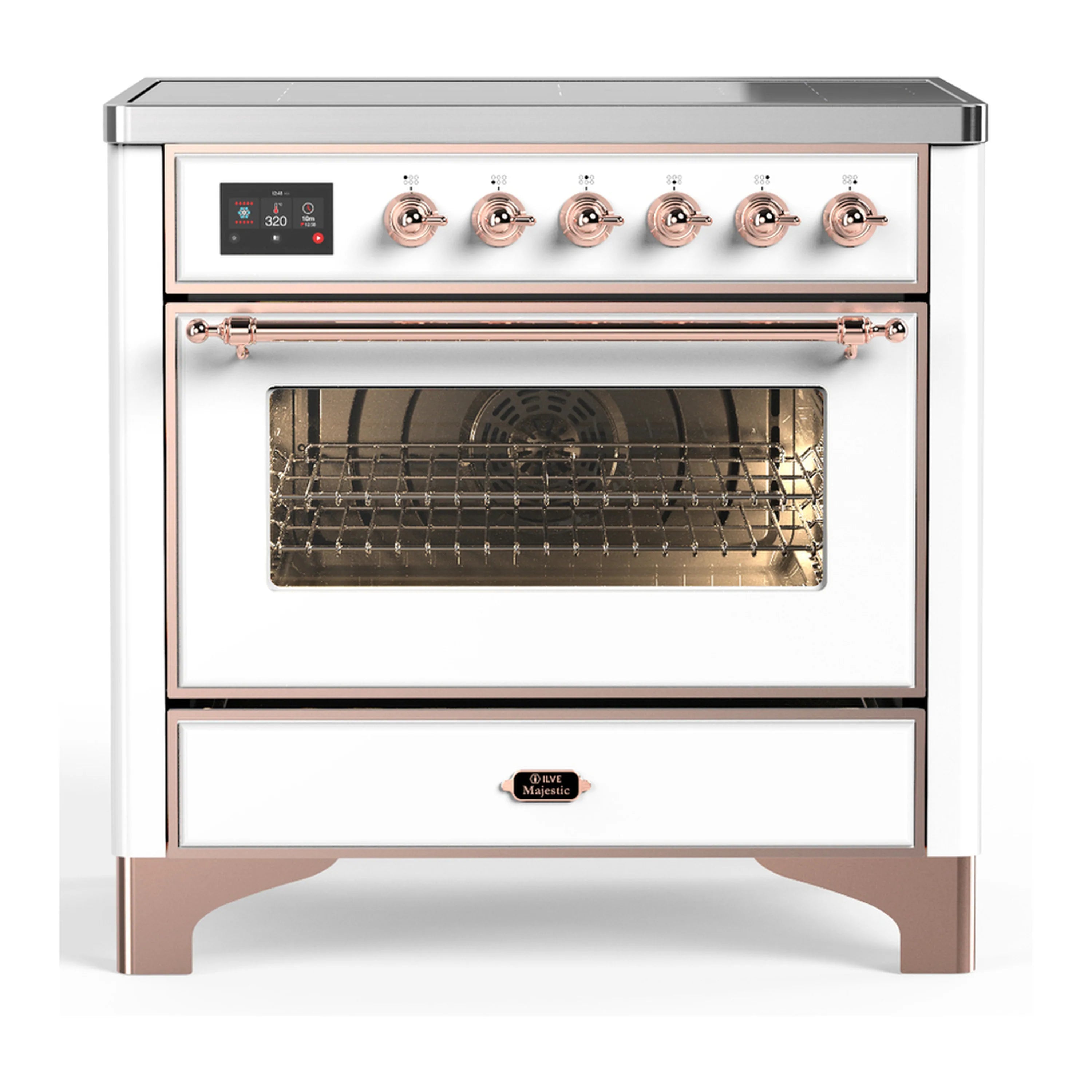 White induction range with copper trim, oven door closed and cooktop controls visible
