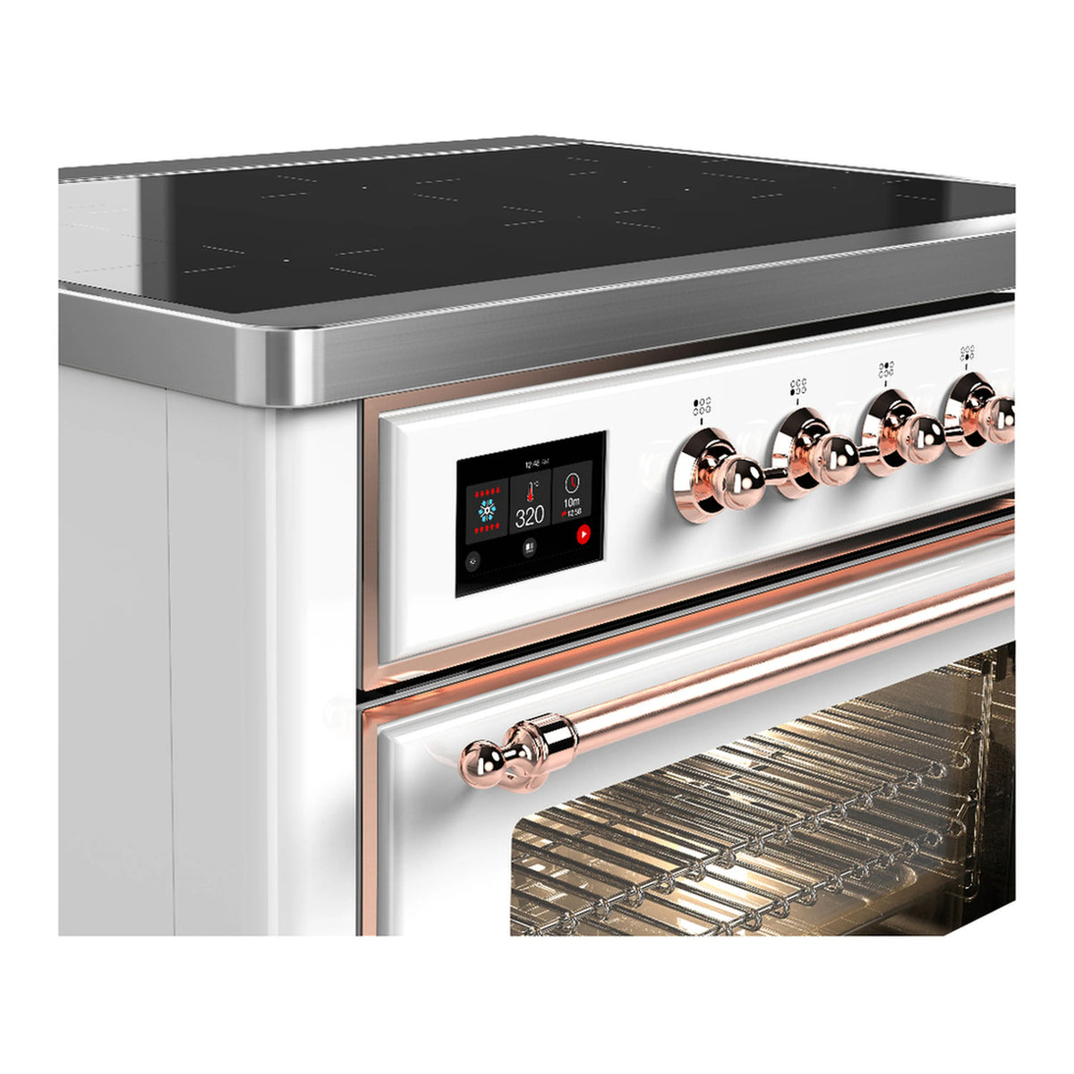 White induction range with copper trim, open oven door and control panel with knobs