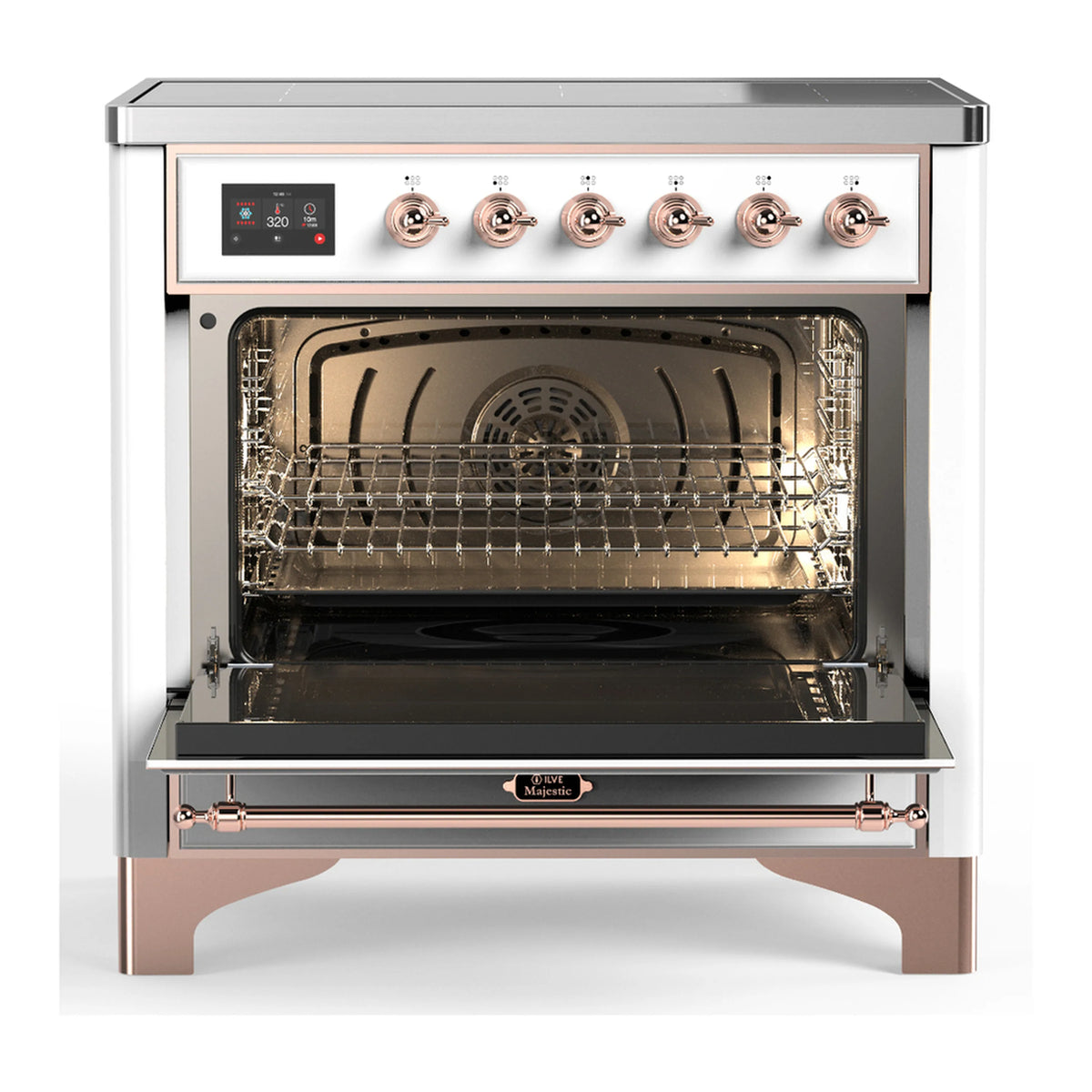 White 36-inch induction range with copper trim, open oven cavity and wire rack