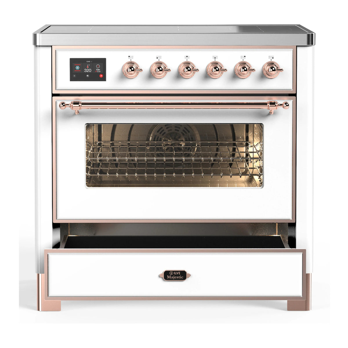 White induction range with copper trim, oven door open showing glass window and rack