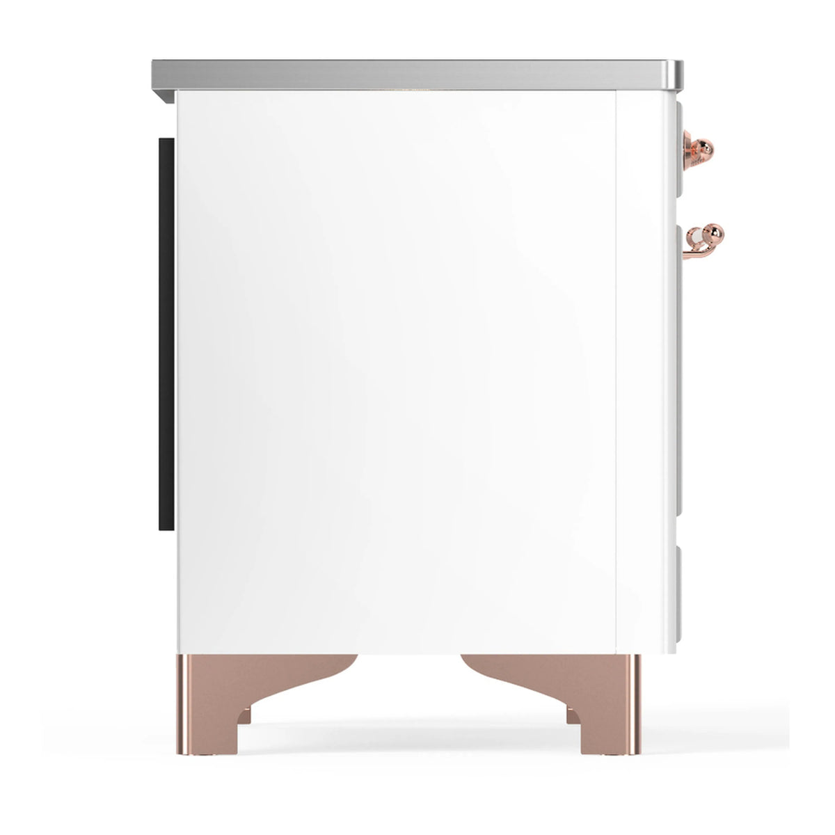 White induction range side view with copper-trim feet and recessed handle