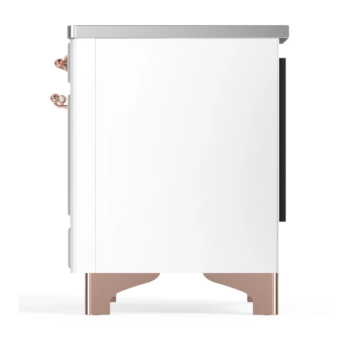 White induction range other side view with copper-trim accents and handle