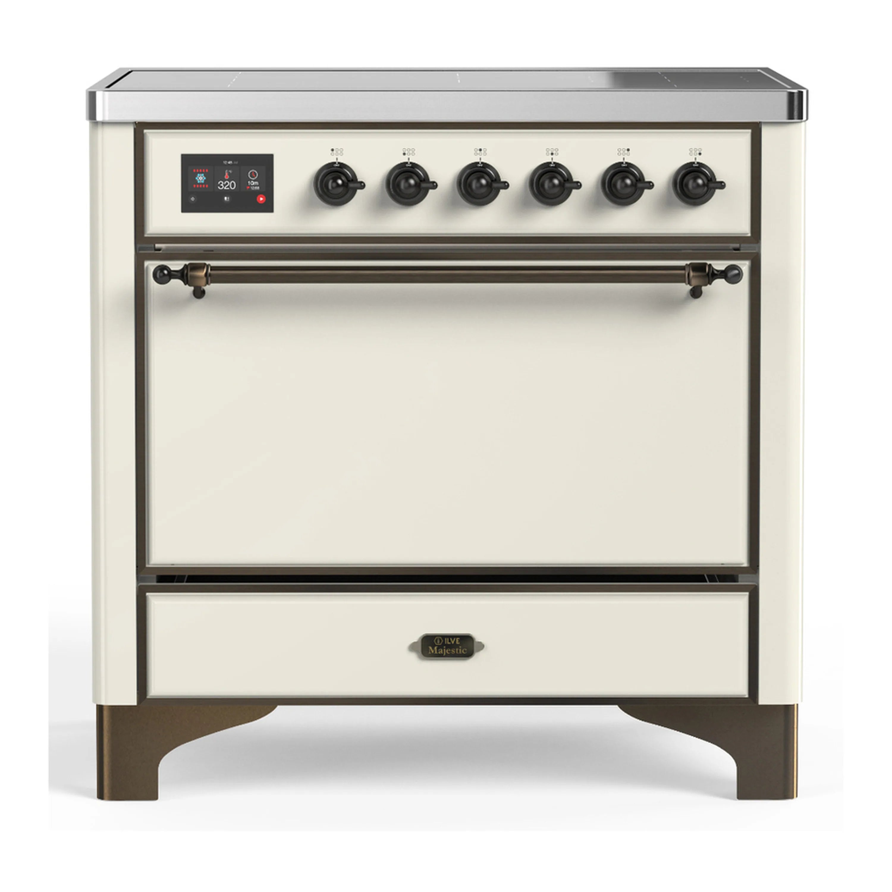 Antique white induction range with 6 black knobs and open electric oven door