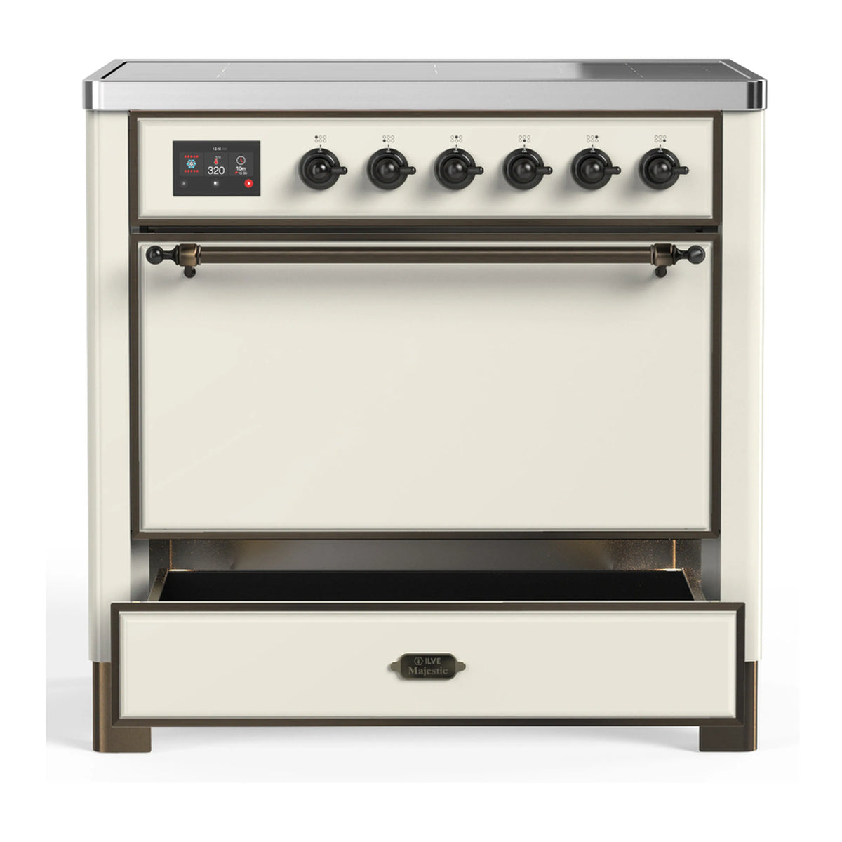 Antique white induction range with closed solid oven door and six black knobs