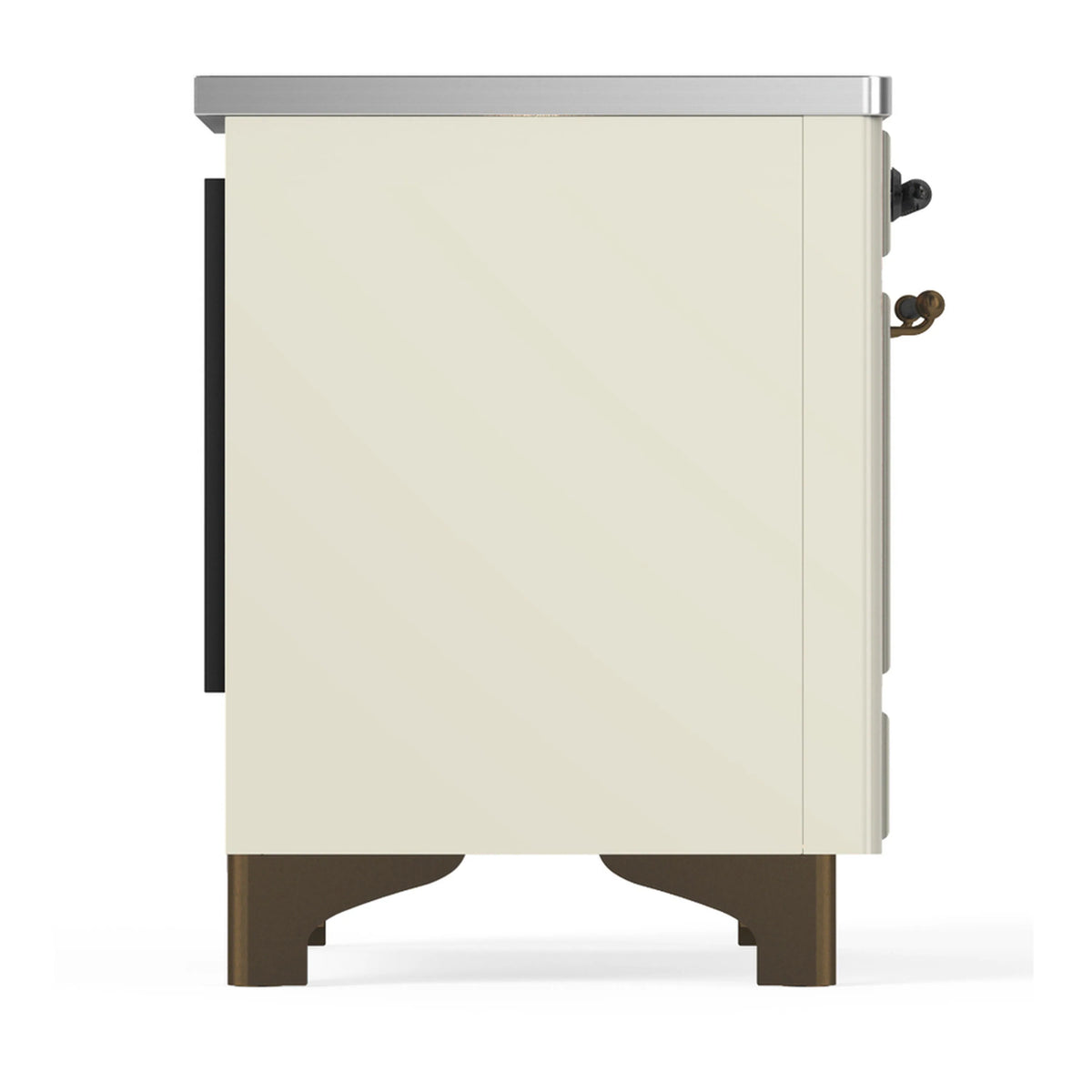 Antique white induction range side and back panels with burnished trim and legs