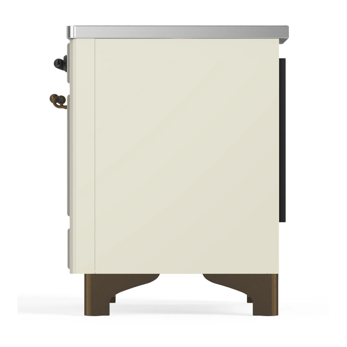 Antique white induction range side view with burnished trim and rear handle