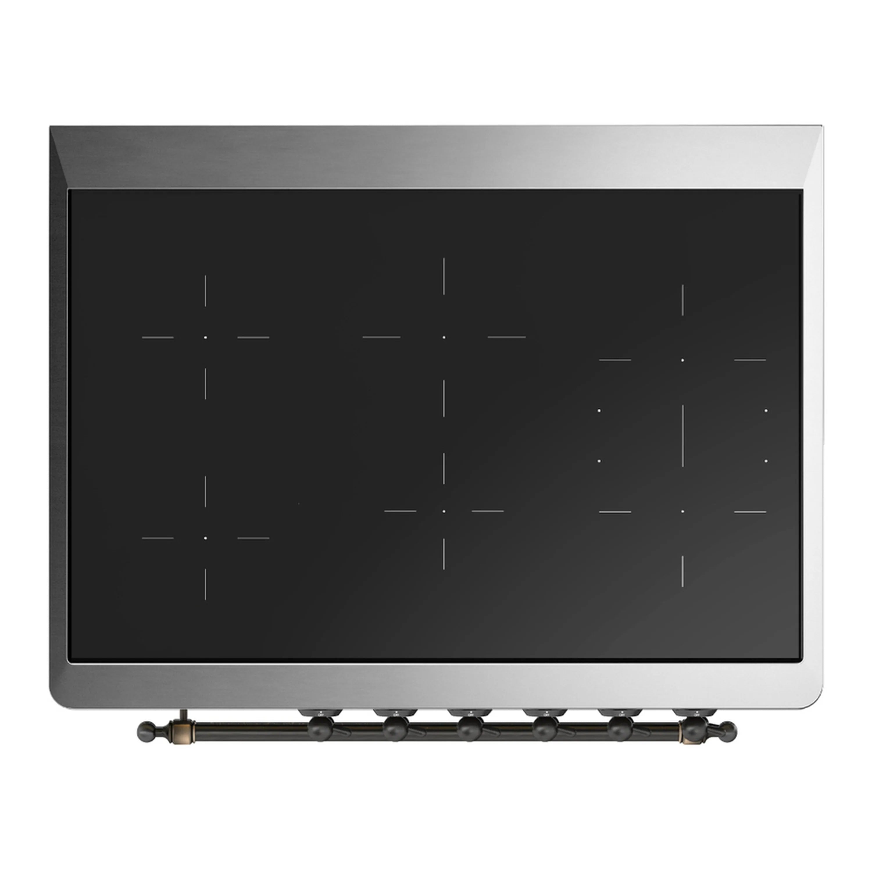 Black glass induction cooktop surface with metal frame and burnished front knobs