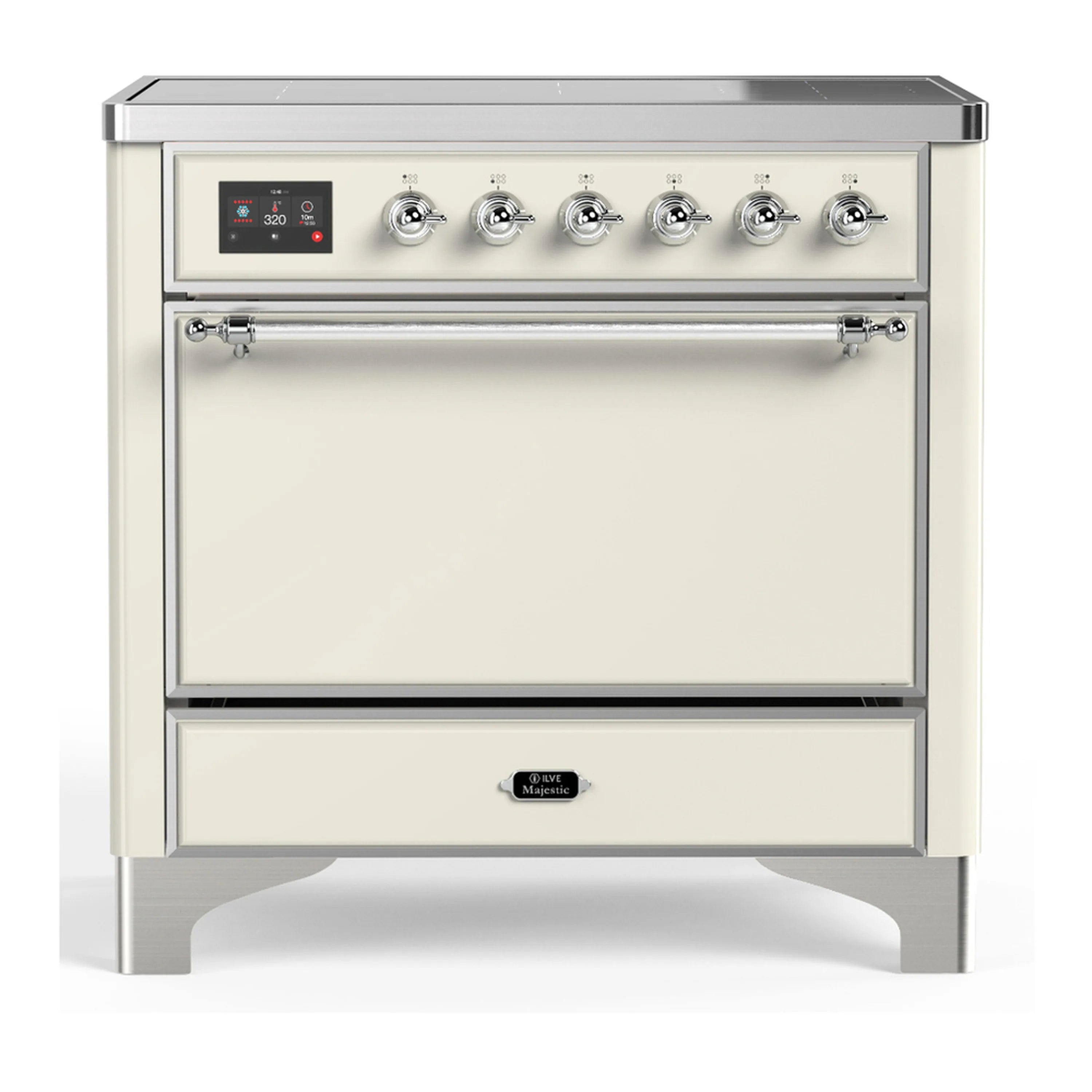 Antique white induction range with chrome trim, front control knobs and display