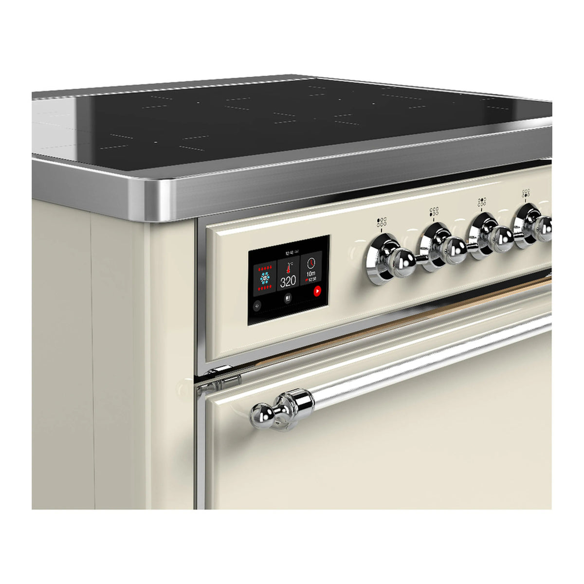 Induction range control panel with digital display and chrome knobs, glossy black cooktop