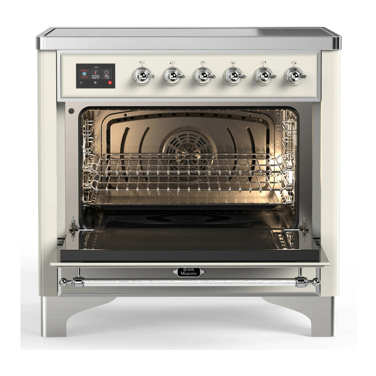 Antique white induction range with open electric oven and metal wire rack
