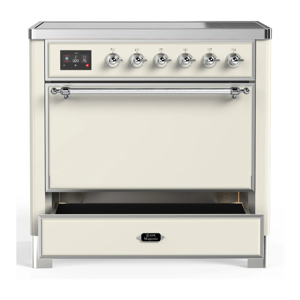Antique white induction range with closed oven door and front control panel