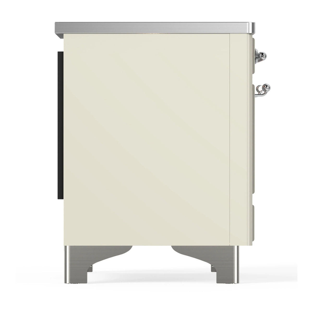 Antique white electric oven range cabinet side view with chrome legs and trim