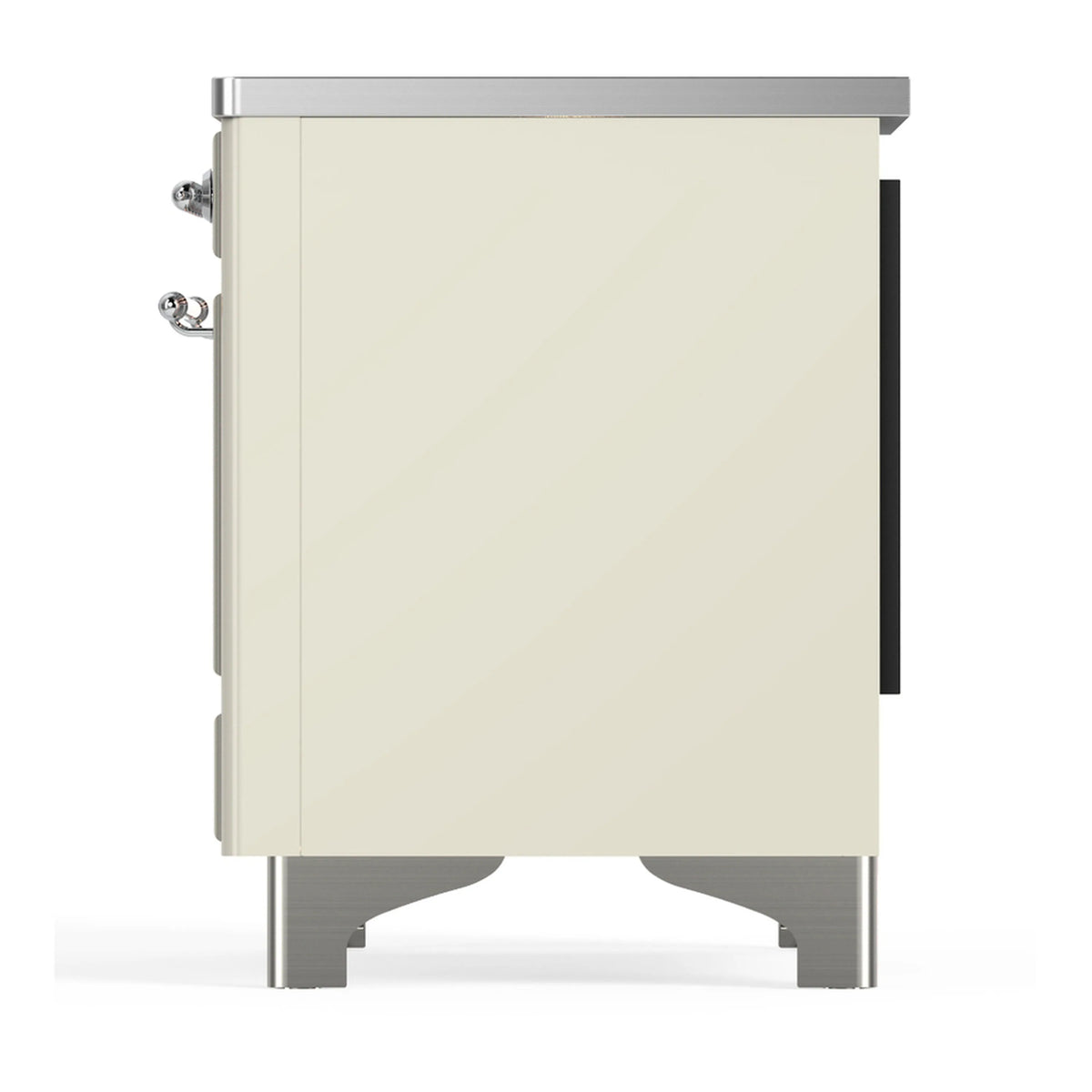 Antique white oven range cabinet side view with chrome handle hardware and trim