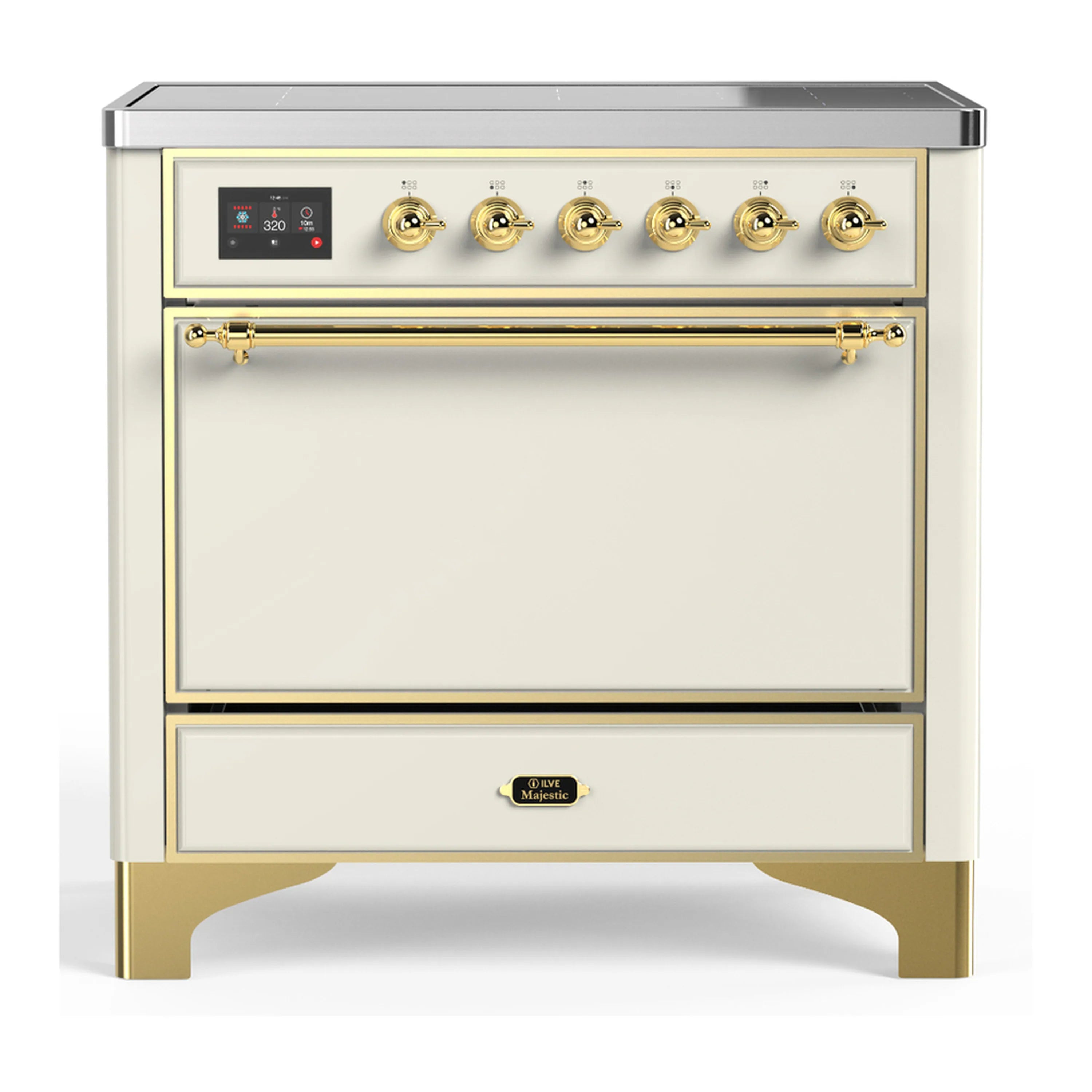 Antique white induction range with brass trim, six gold control knobs and windowed front