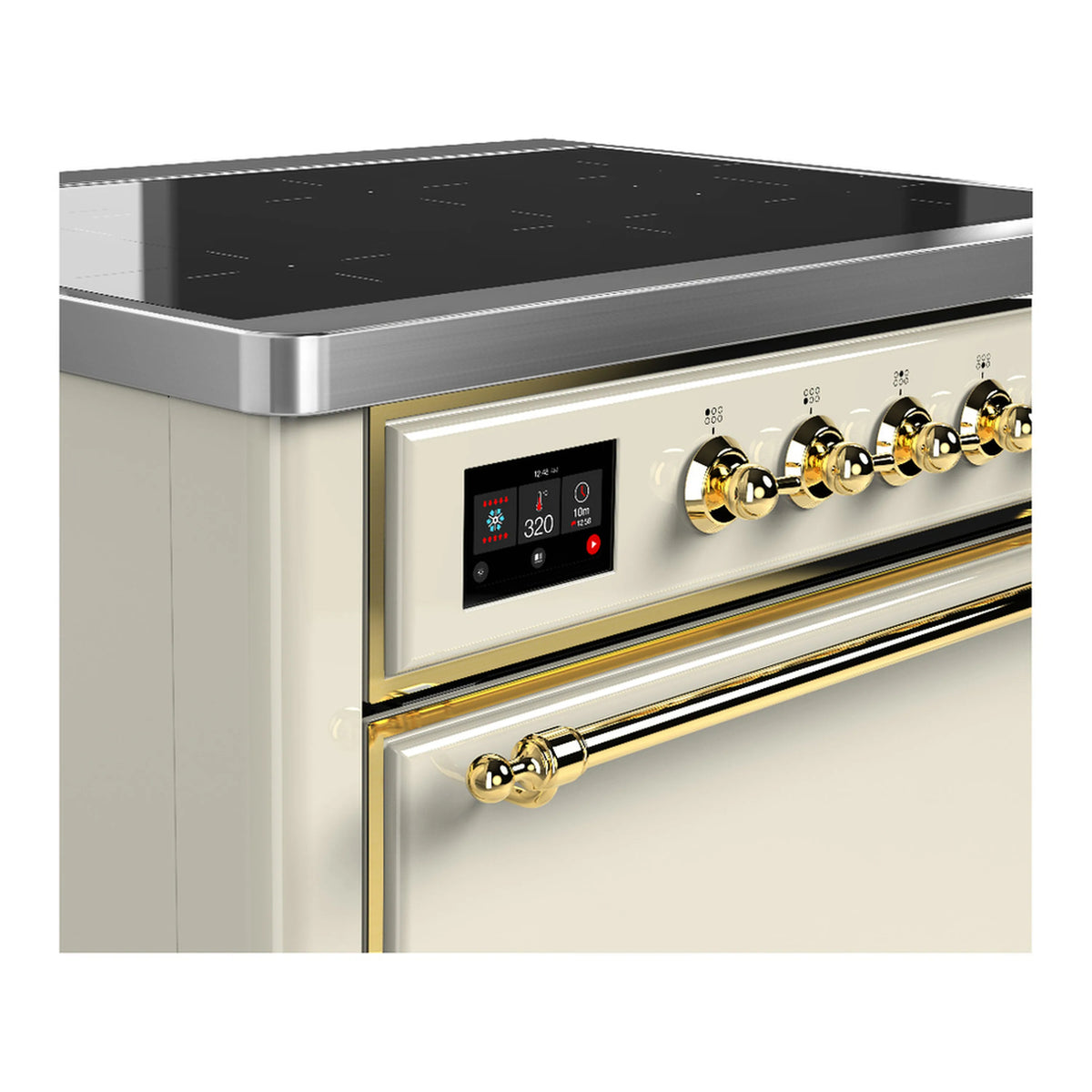 Induction range control panel in antique white with brass knobs and digital display