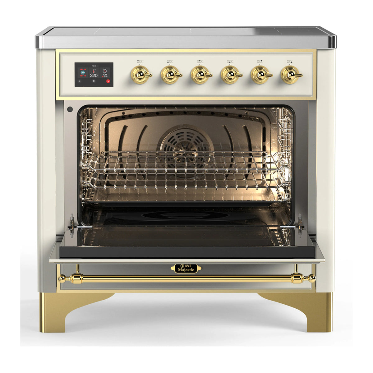 Induction range with solid door open, brass handles, lit oven cavity with racks