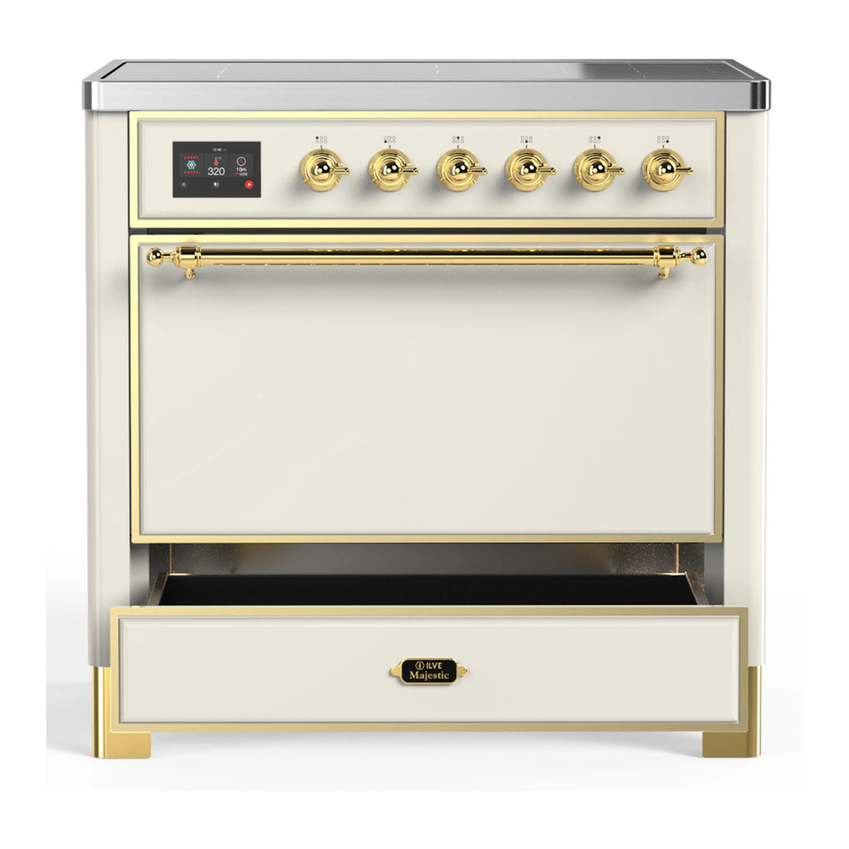 Antique white induction range with brass trim, closed oven door and gold control knobs