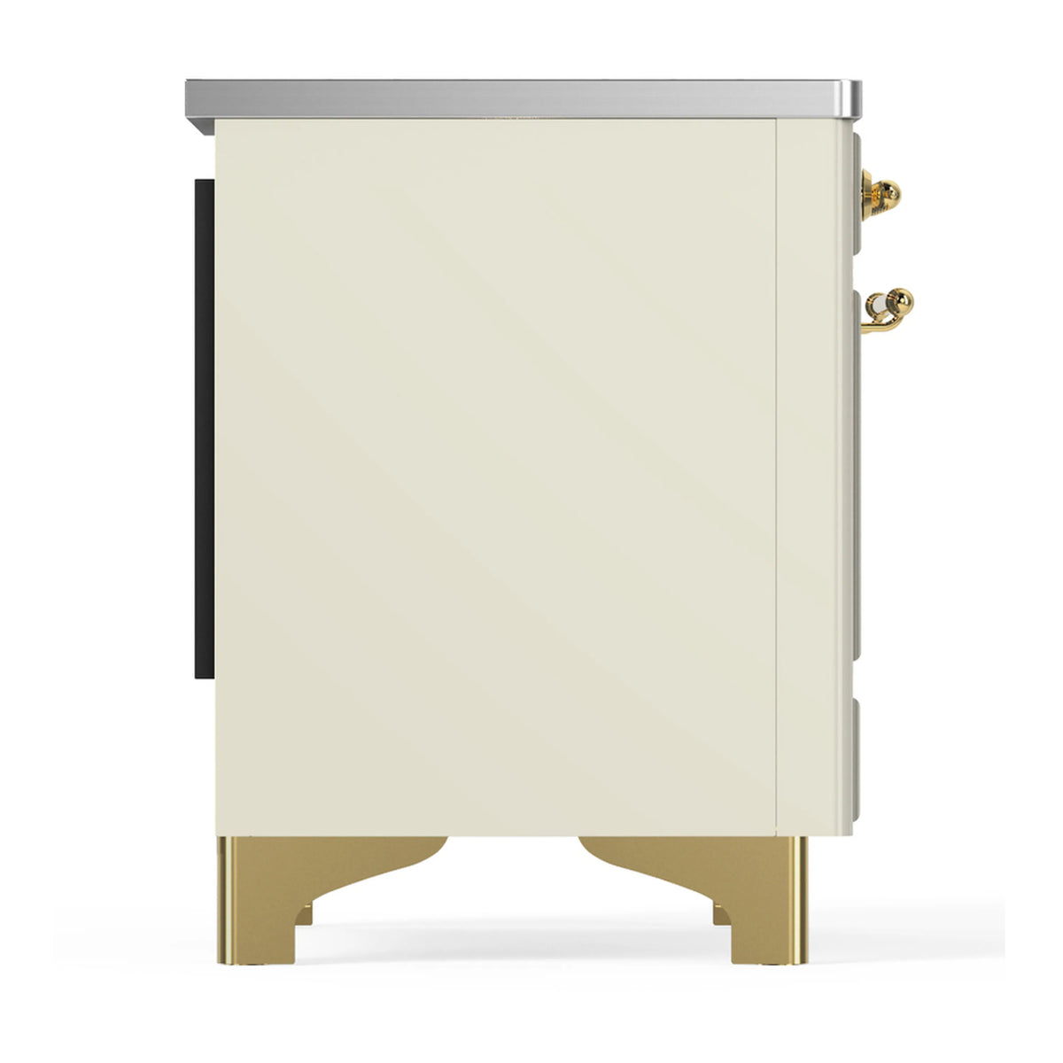 Antique white induction range side panel with gold base feet and brass handle hardware