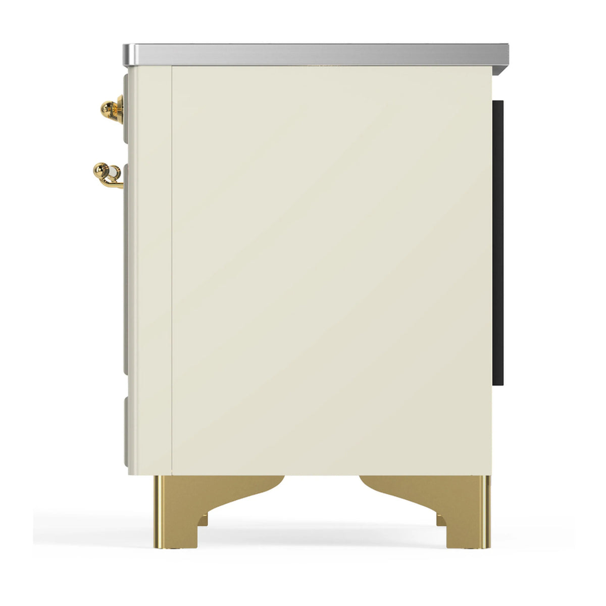 Antique white induction range end panel with brass knobs and gold base feet
