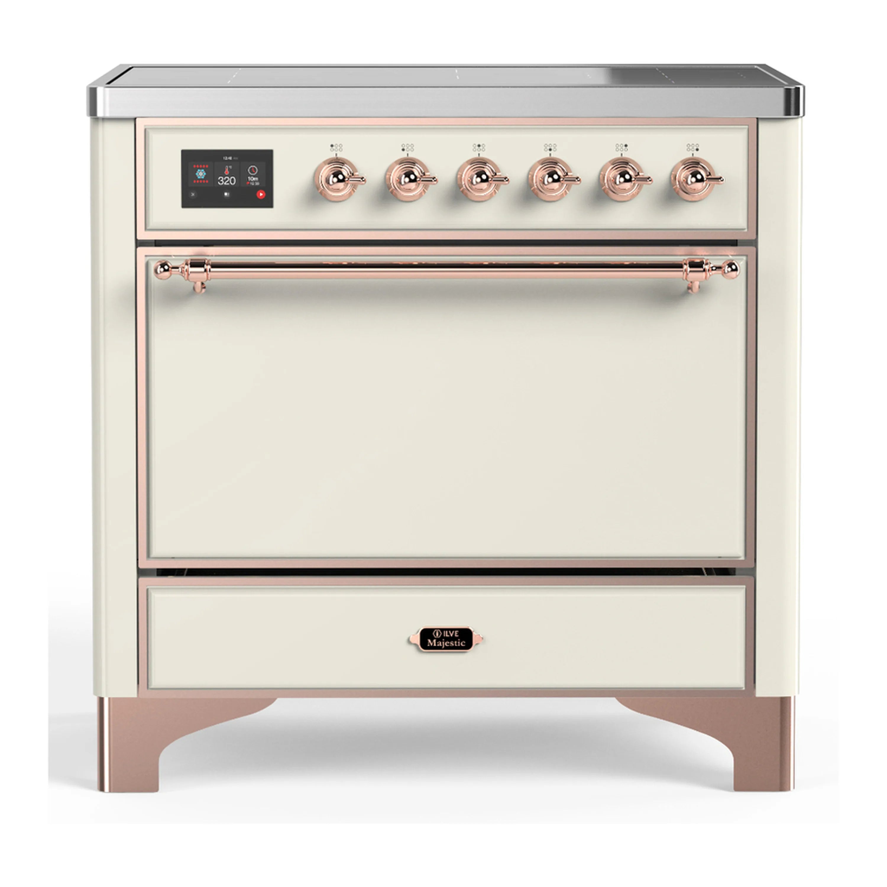 Antique white electric range with copper trim, solid oven door and control panel