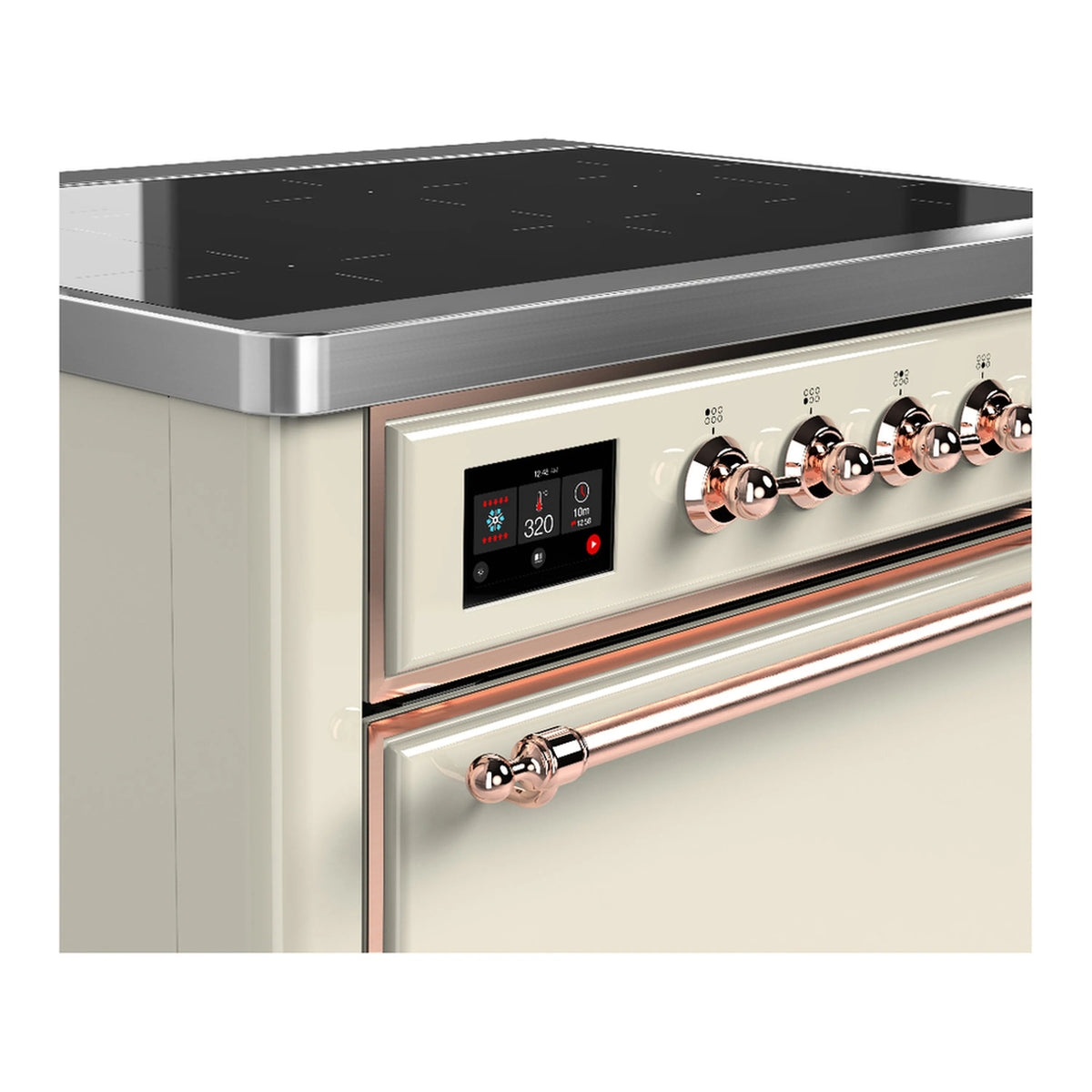 Antique white induction range control panel with copper knobs and digital display