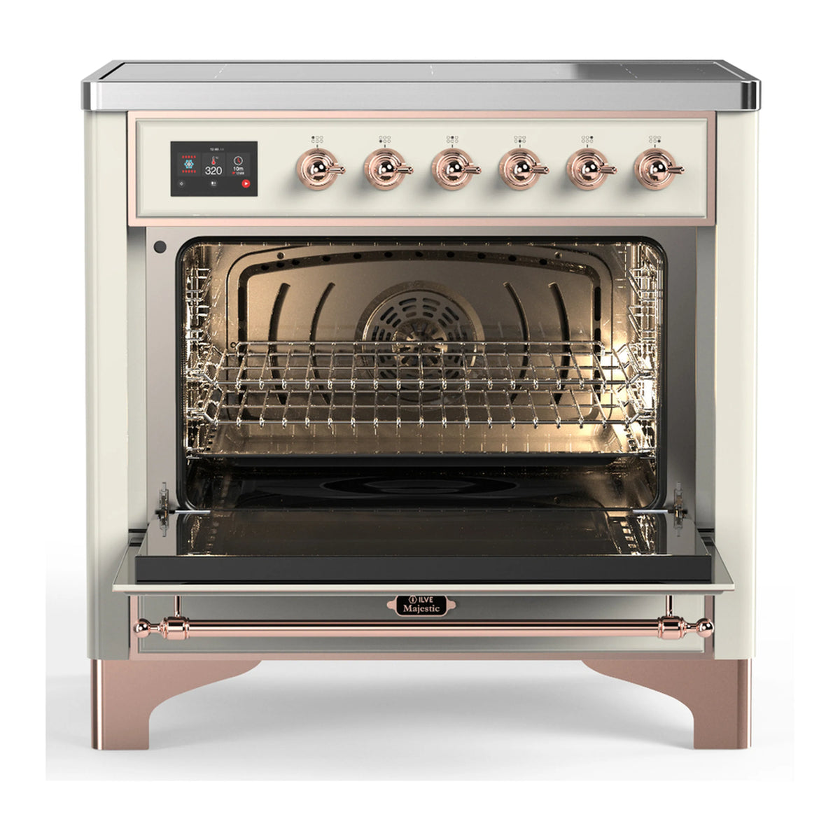 Antique white oven cavity open with racks, copper trim and control bar