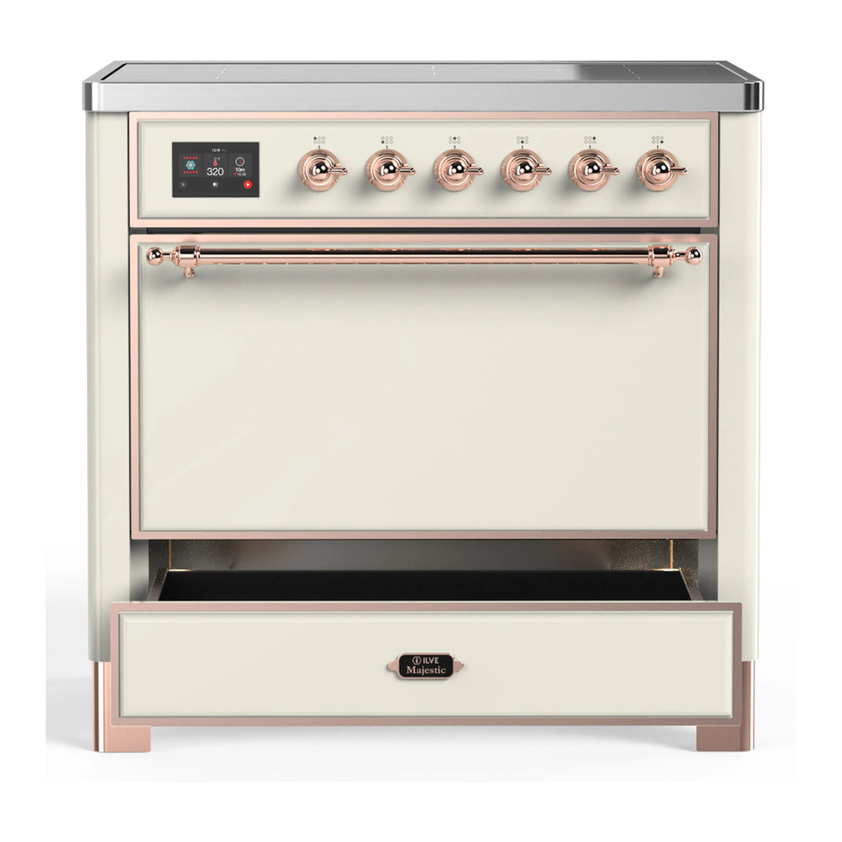 Antique white induction range with solid oven door and copper-trimmed handle