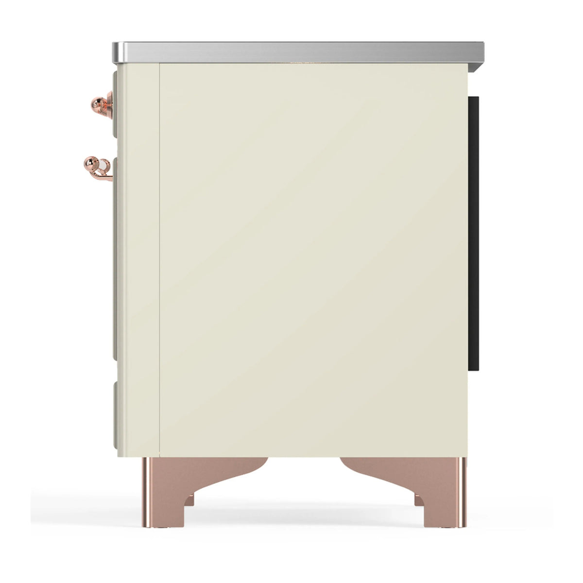 Antique white range side view with copper knobs and front leveling feet