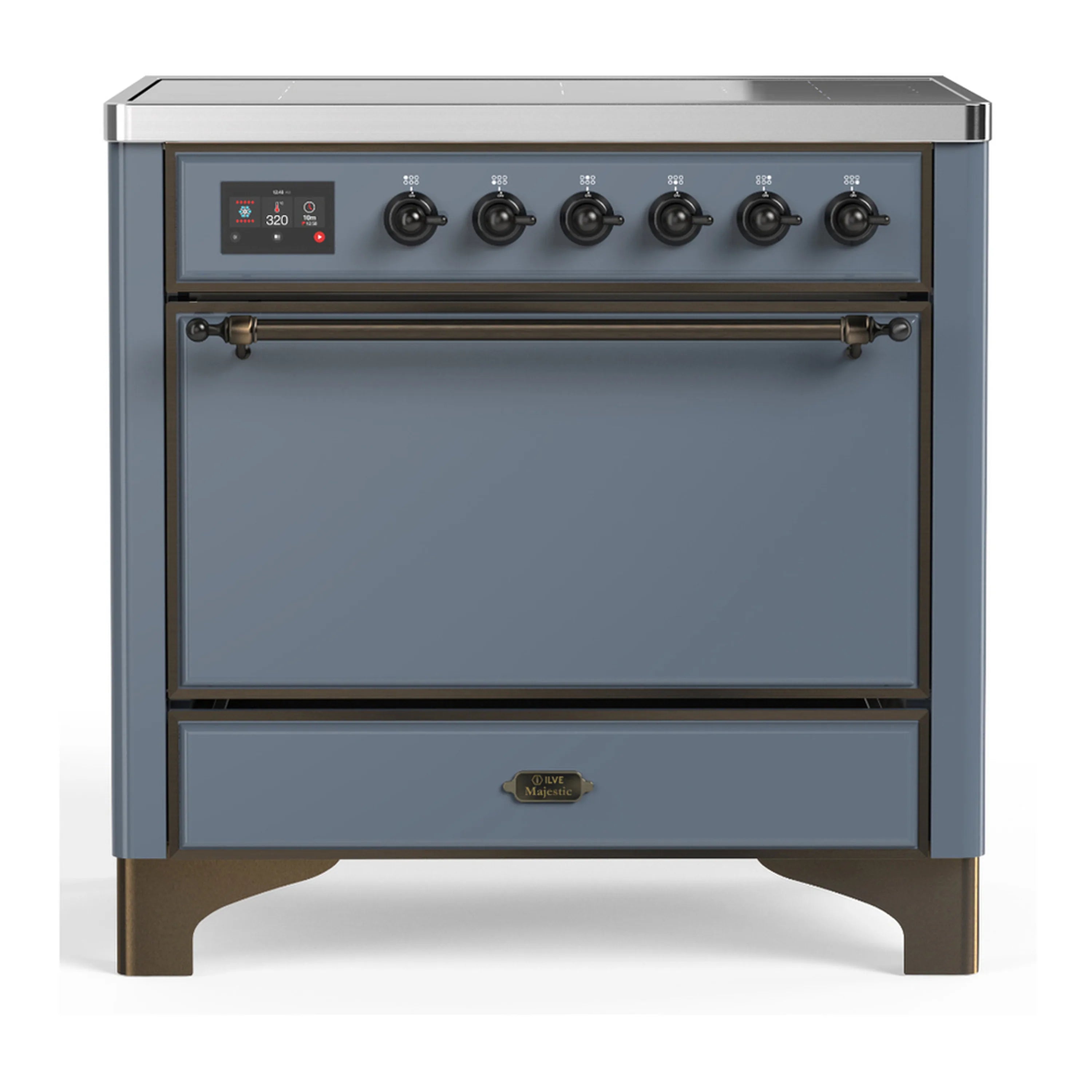 Blue-grey induction range with 6 burners, control panel, and solid oven door
