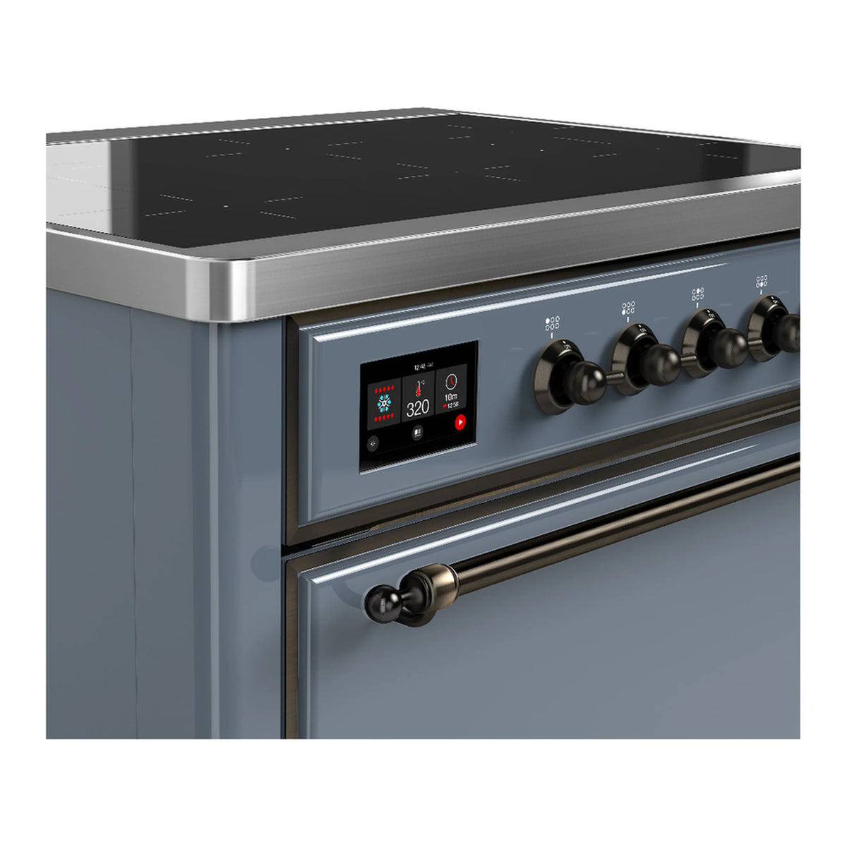 Blue-grey induction range side view with digital display and control knobs