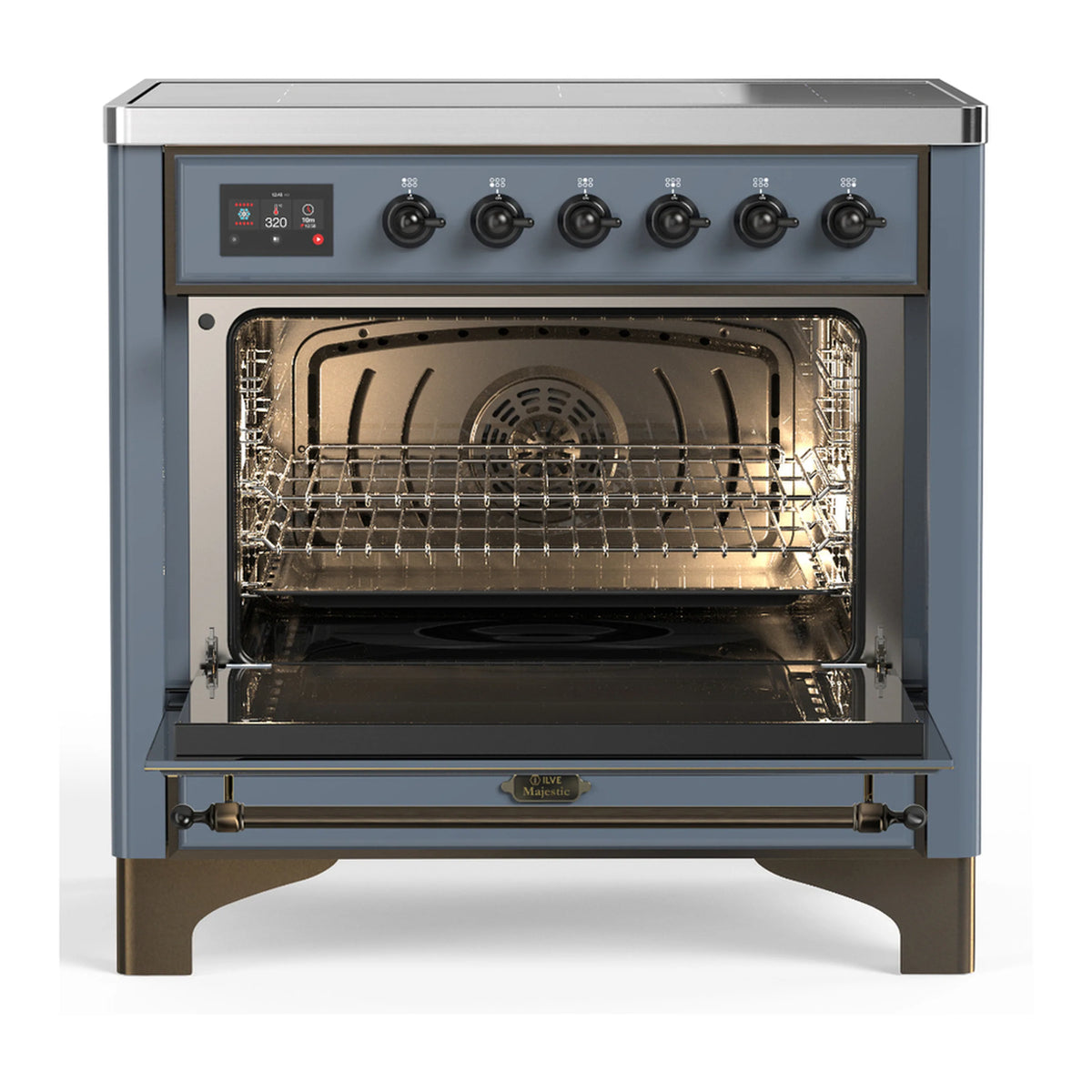 Blue-grey induction range with open oven showing racks and heating interior