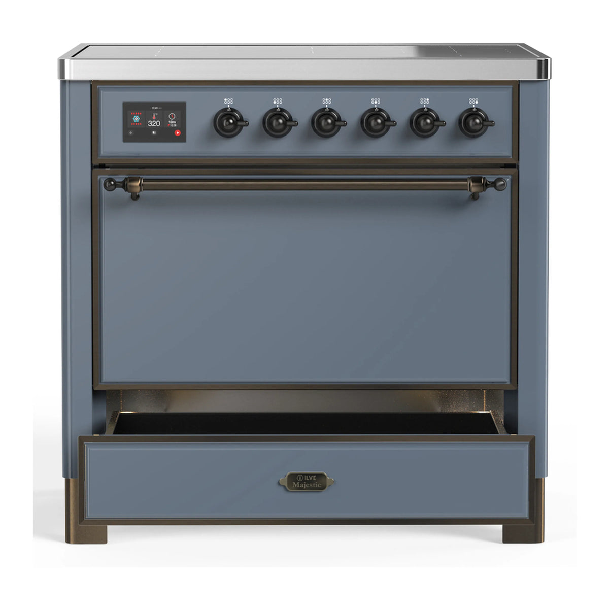 Blue-grey induction range with solid oven door and burnished metal handle trim