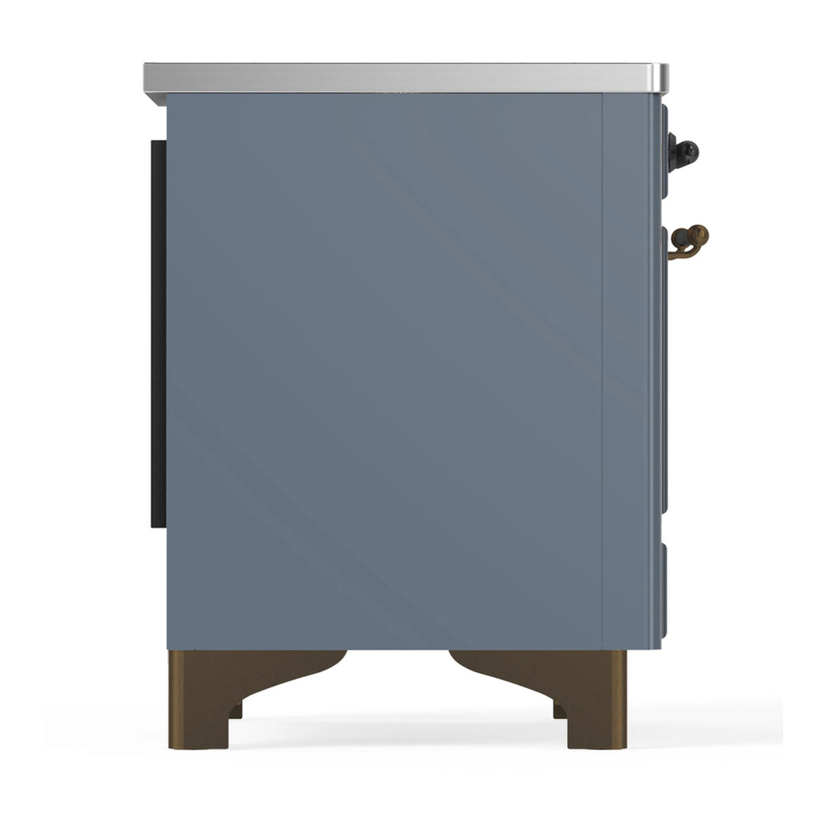 Blue-grey induction range side profile with side handles and control features